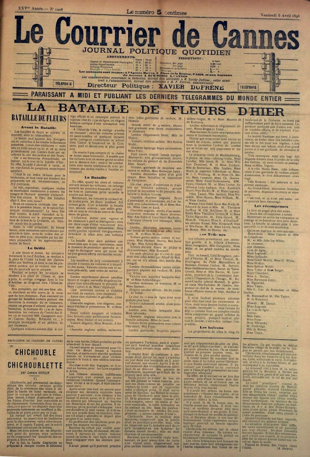 Avril 1895, article sur la bataille de fleurs, Une du Courrier de Cannes 