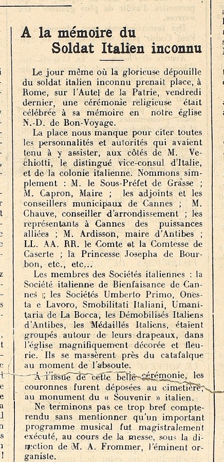 "Le soldat inconnu italien" - Encart du Littoral, journal du 13 novembre 1921 