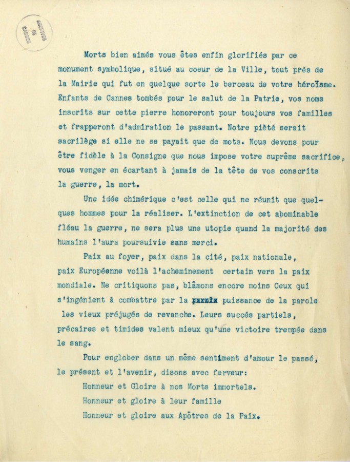 Discours d'inauguration du monument aux morts de l'htel de ville, 11 novembre 1927 (5M6)