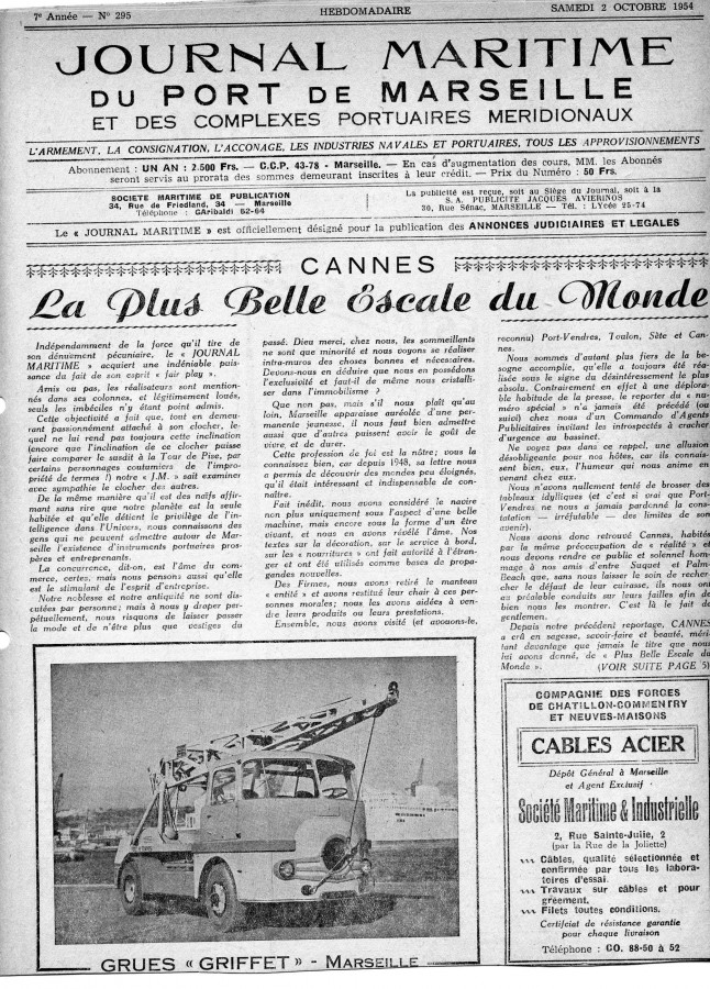 1954,  la plus belle des escales : Cannes (50S11_journal maritime)  