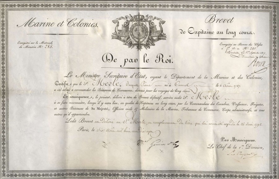 Brevet de capitaine au long cours, 1817 (AMC 11S64)