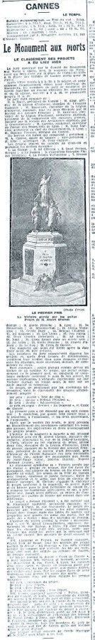 Article du journal Le Petit Niois sur le monument aux morts de Cannes, 14 avril 1922