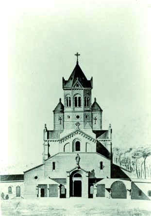 Faade principale de l'glise abbatiale du monastre de Saint Honorat, en cours de reconstruction vers 1875. Reproduction de gravure, AMC, 14Fi6