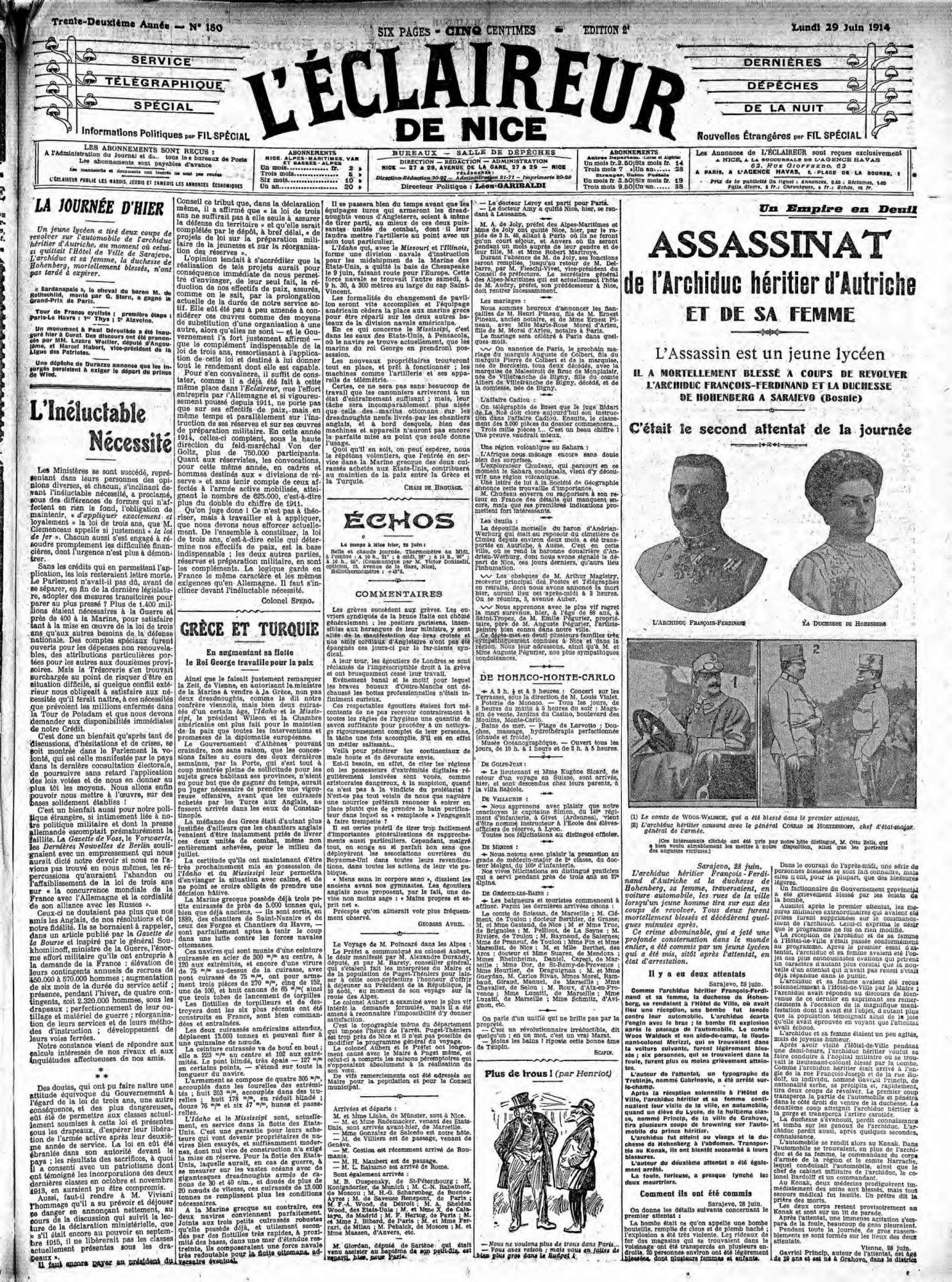  « Assassinat de l'Archiduc héritier d'Autriche et de sa femme », 29 juin 1914