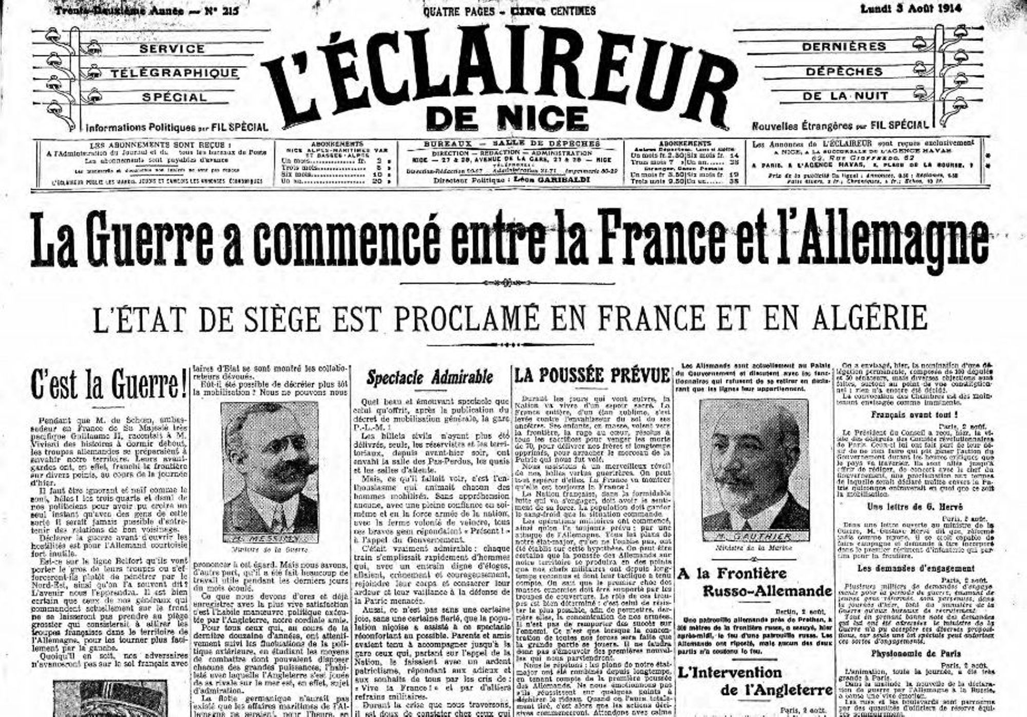 « La Guerre a commencé entre la France et l'Allemagne», 03 août 1914