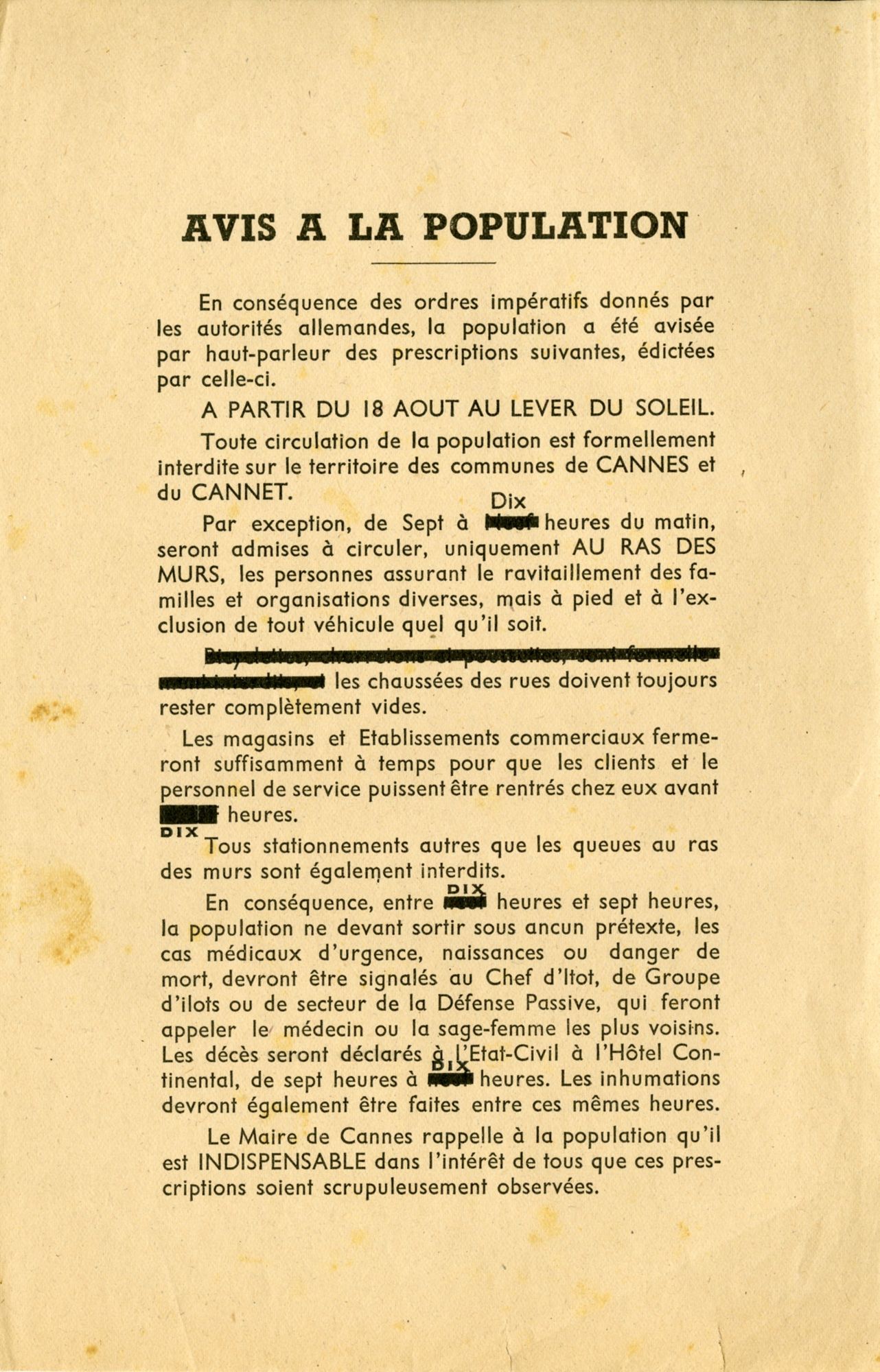 Avis à la population, 18 août 1944. AMC, fonds Tikhobrazoff, 64S24