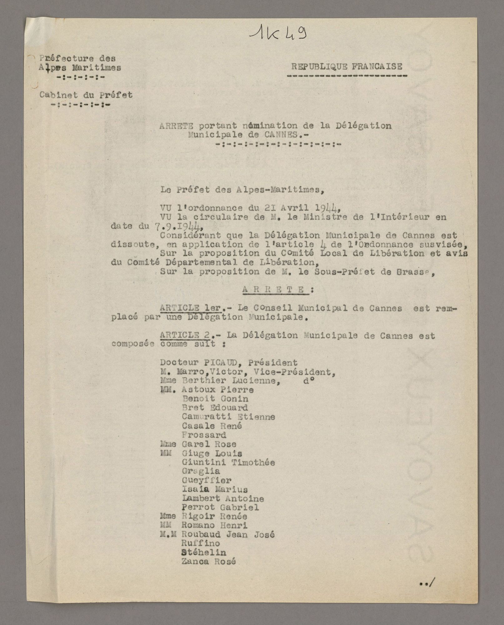 Nomination de la délégation municipale de Cannes, arrêté préfectoral du 27 octobre 1944. AMC, 1K64