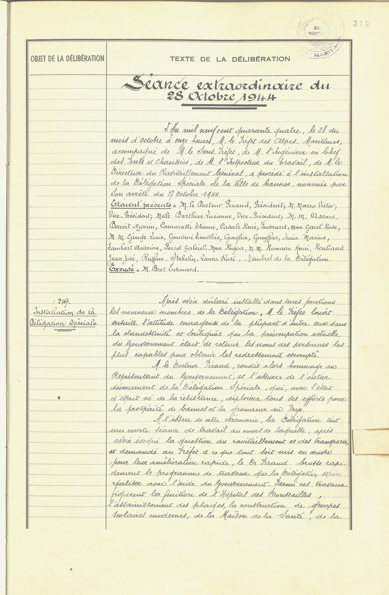 Installation de la délégation spéciale de Cannes, séance extraordinaire du 28 octobre 1944. AMC, 1D66