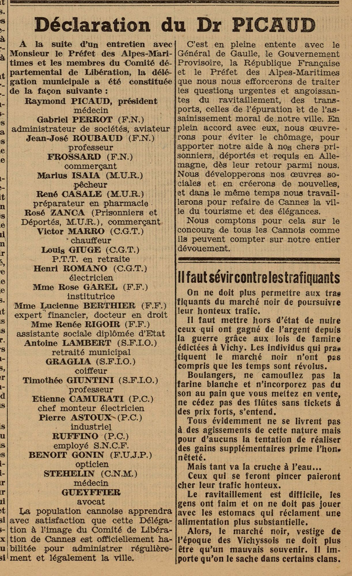 Déclaration du docteur Picaud, Cannes-Riviera, 14 septembre 1944. AMC, Jx108