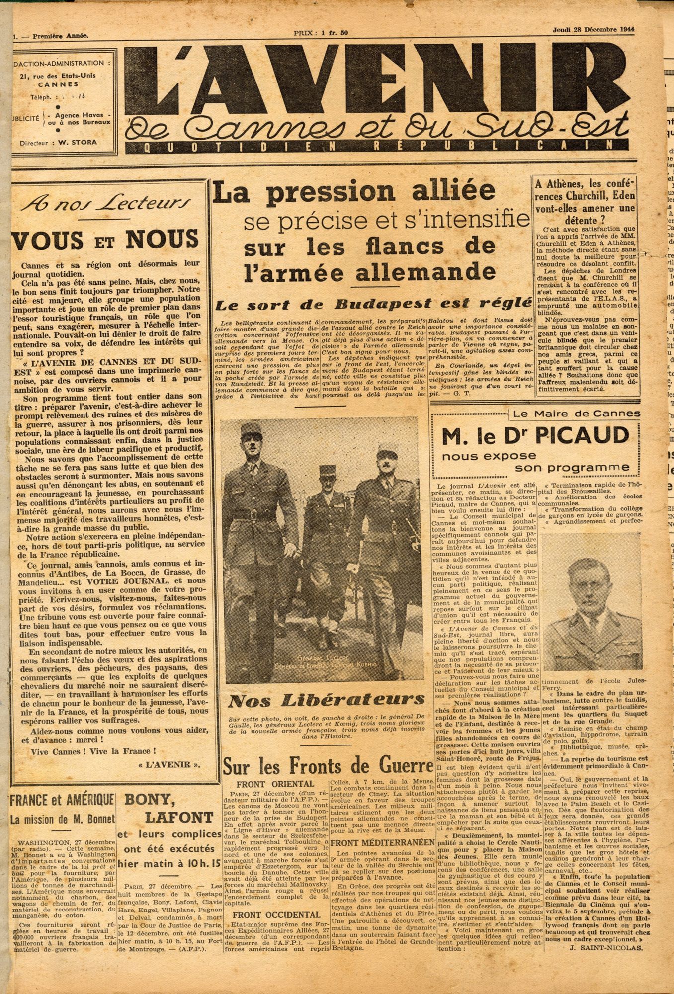 L’Avenir de Cannes et du Sud-Est, quotidien républicain, n° 1, 28 décembre 1944. AMC, dépôt Maestroni