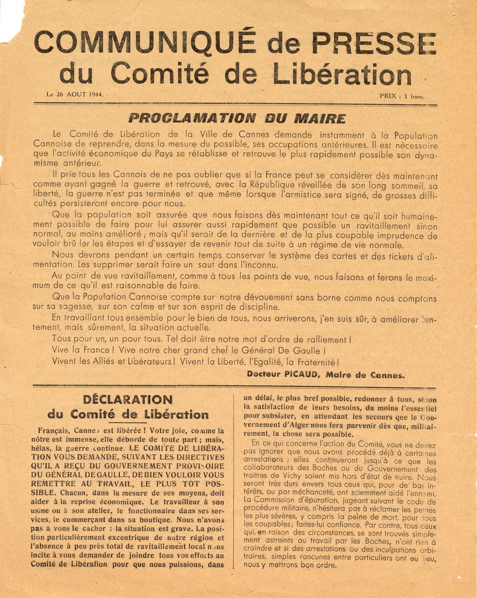 Communiqué de presse du comité local de libération à l’adresse des Cannois signé du « maire » de Cannes, le docteur Raymond Picaud, 26 août 1944. Journal imprimé sur les presses de l’imprimerie Aegitna à Cannes. AMC, 4H60
