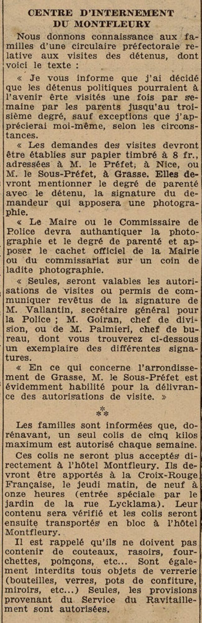 Visite des détenus au centre d’internement de Montfleury, L’Avenir de Cannes et du Sud-Est, n° du 9 janvier 1945. AMC, Jx14 