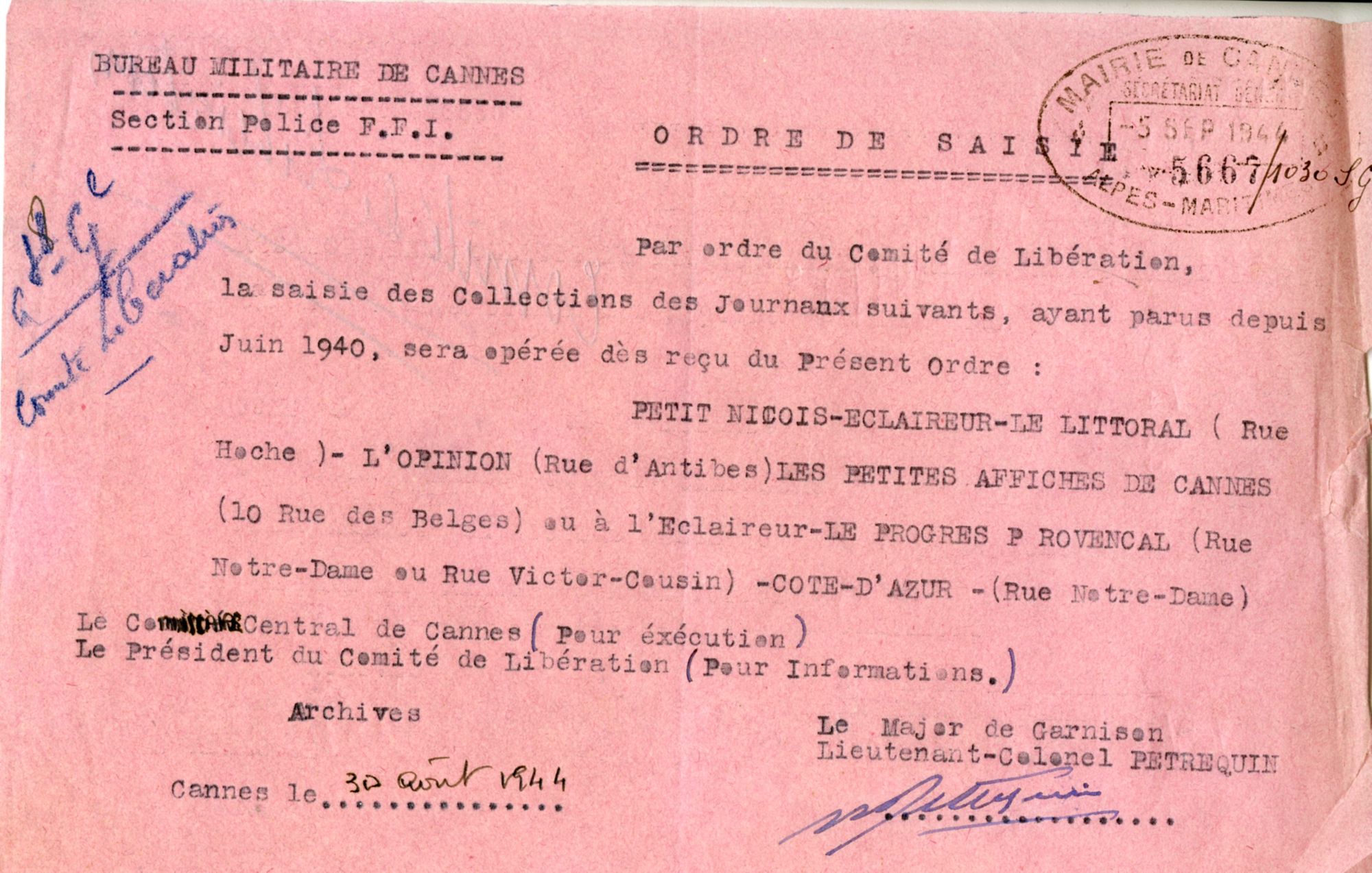 Ordre de saisie, 30 août 1944. AMC, 2J25