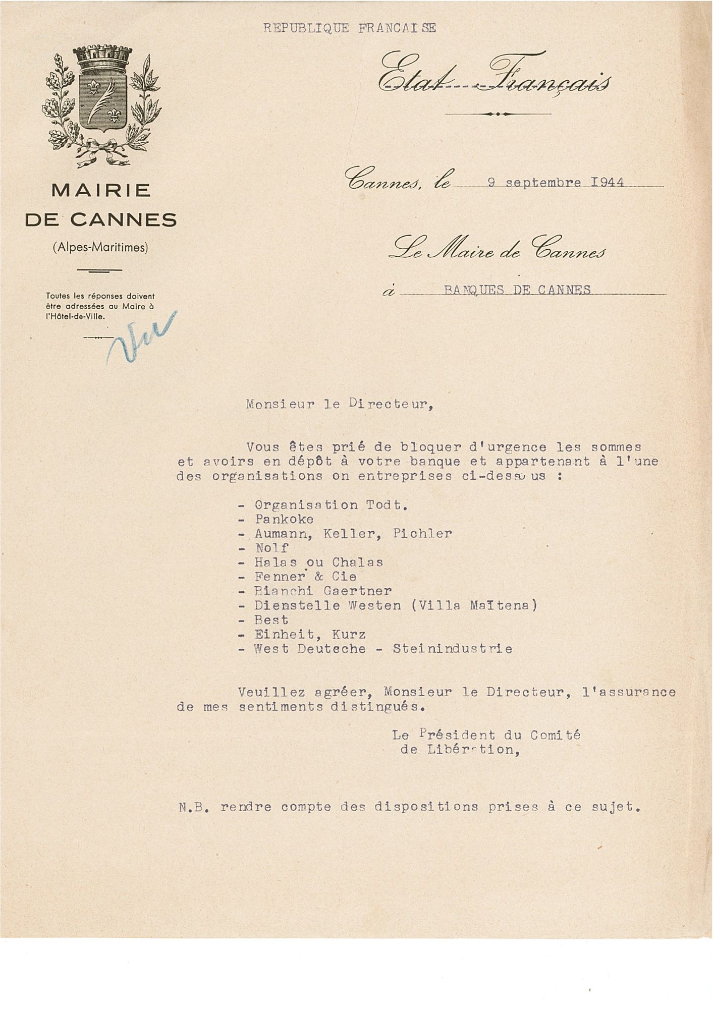 Lettre du président du comité de libération adressée au directeur de la Banque de Cannes, 9 septembre 1944. AMC, 4H61