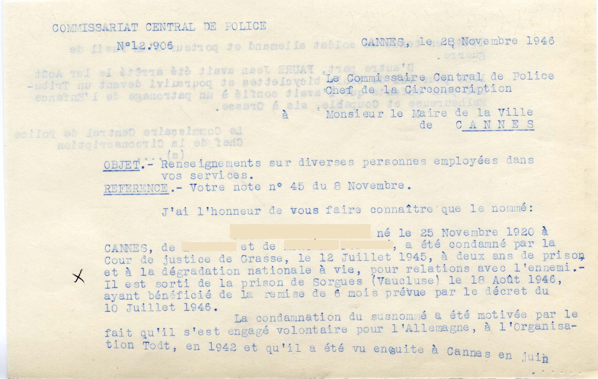 Lettre du commissaire central de police au maire de Cannes, 28 novembre 1946. AMC, 4H61 
