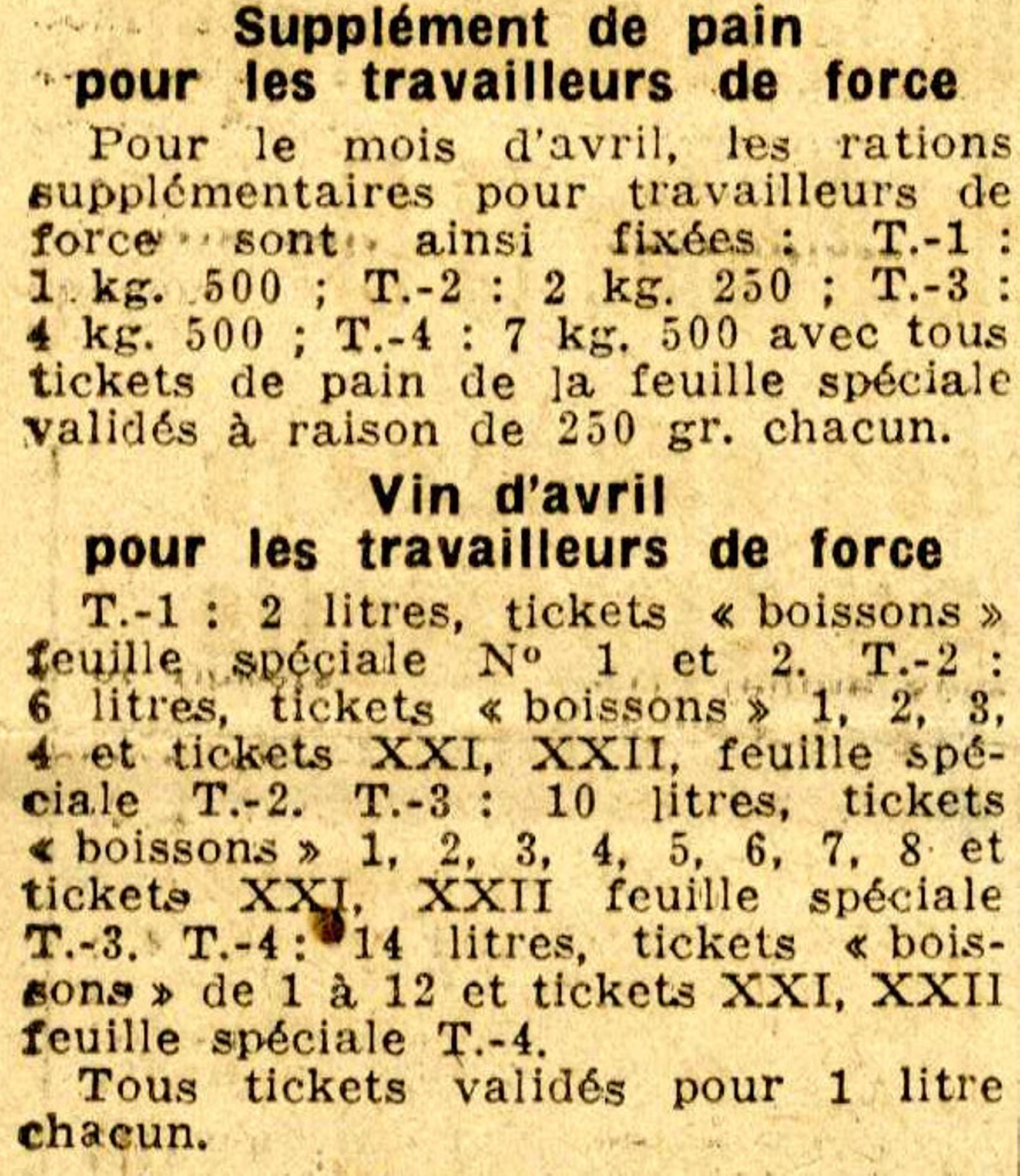 Rations supplémentaires attribuées aux travailleurs de force, Nice-Matin, n° du 9 avril 1947. AMC, PER20