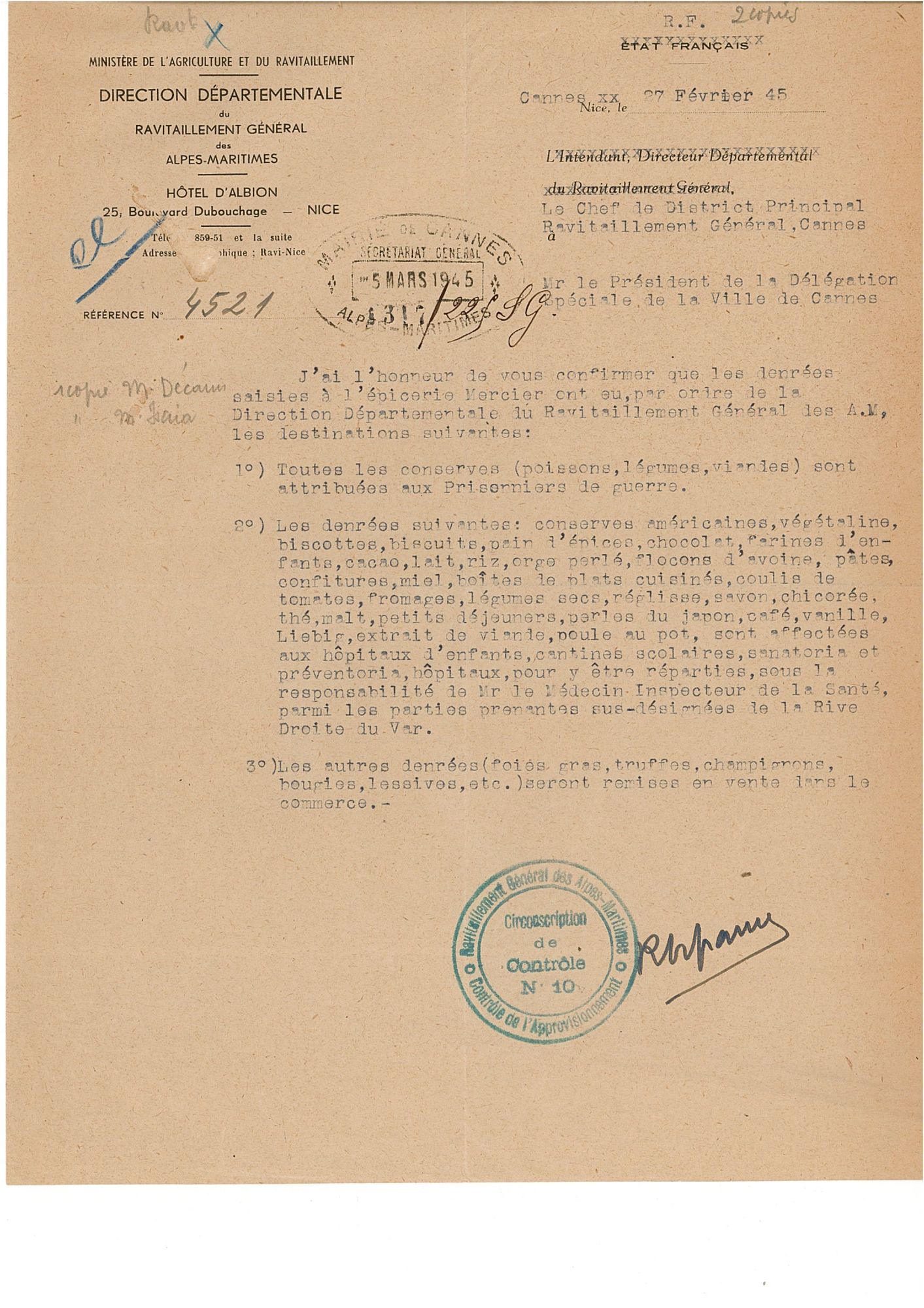 Lettre du chef du district principal du ravitaillement général à Cannes au docteur Picaud, 27 février 1945. AMC, 6F10