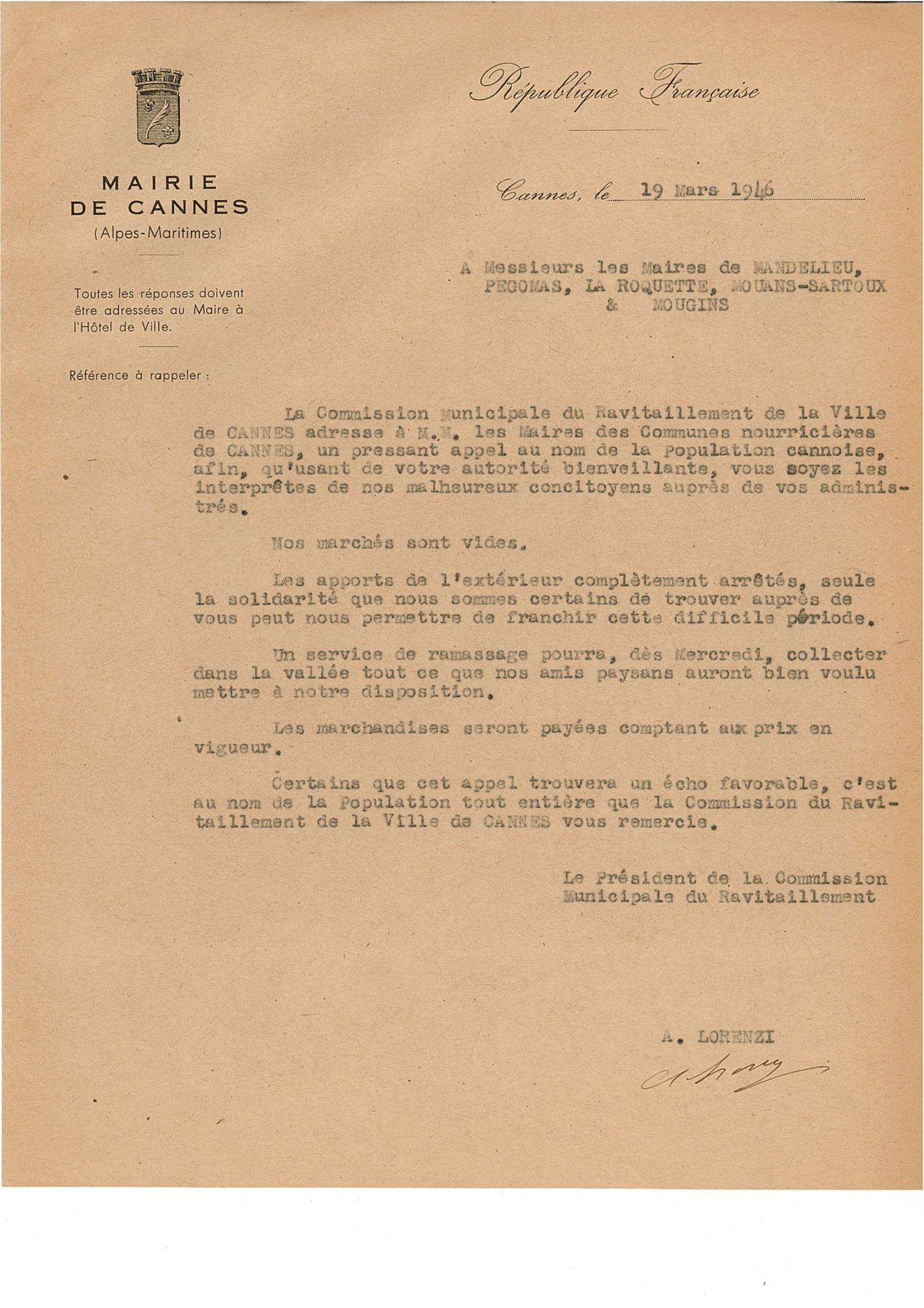 Lettre du président de la commission municipale du ravitaillement aux maires des communes avoisinantes, 19 mars 1946.  AMC, 6F10