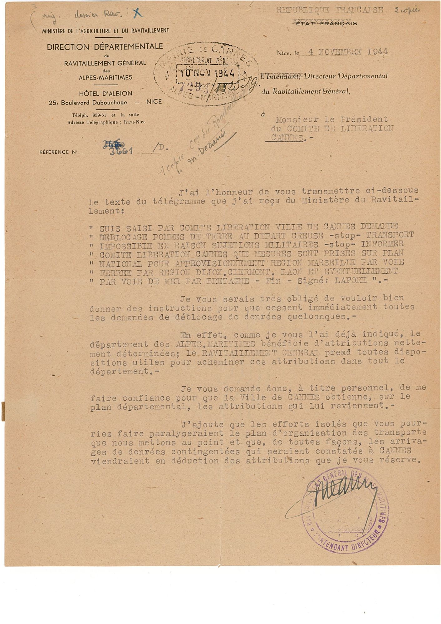Lettre du directeur départemental du ravitaillement général au président du comité de libération de Cannes, 4 novembre 1944. AMC, 6F10