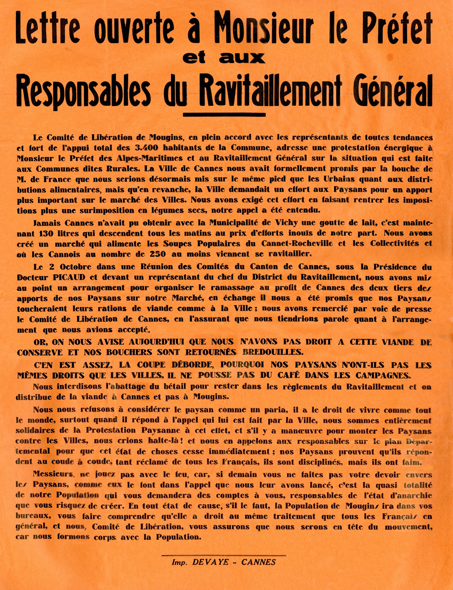 Affiche « Lettre ouverte à Monsieur le Préfet et aux responsables du ravitaillement général », non daté. AMC, 6F10