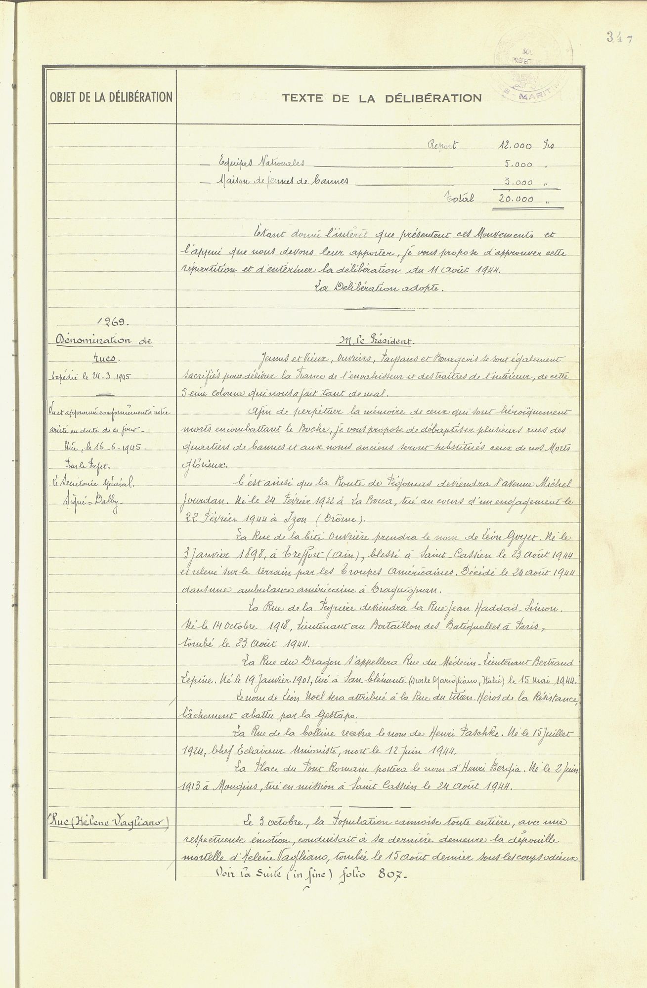 Dénominations de noms de rues, séance du conseil municipal du 8 novembre 1944. AMC, 1D66