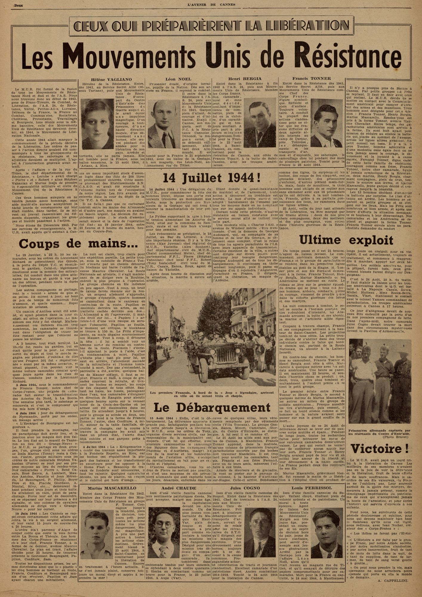 Hommage aux résistants du M. U. R., L’Avenir de Cannes et du Sud-Est, n° du 25 août 1945. AMC, Jx14 