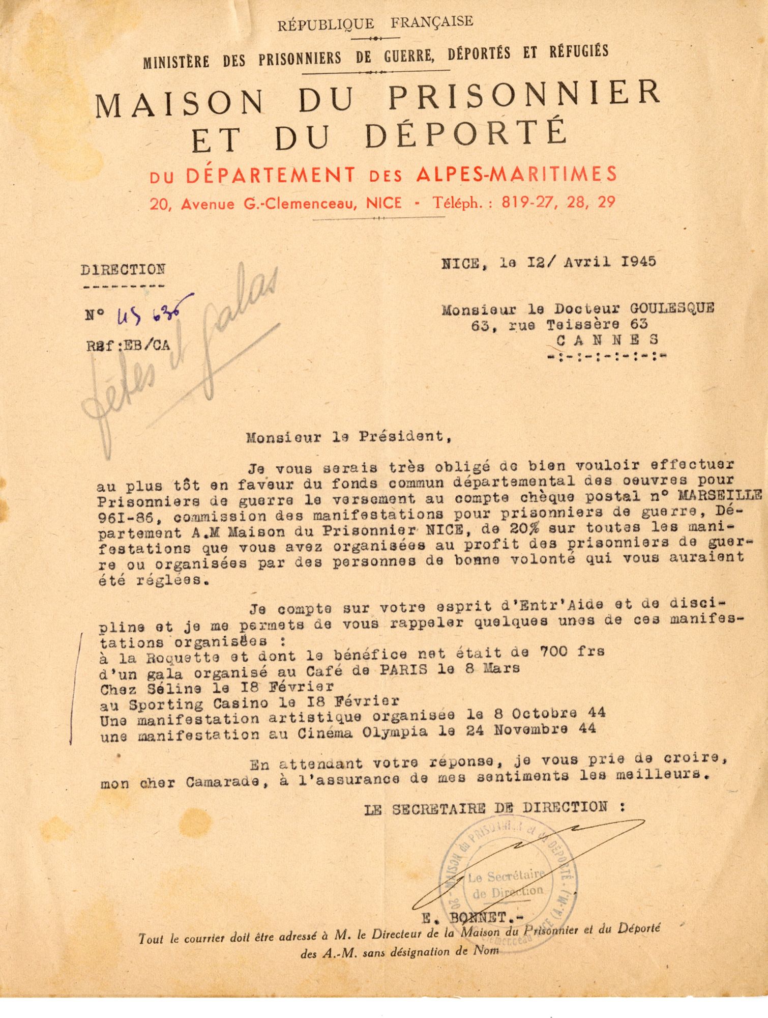 Lettre du secrétaire de direction de la Maison du prisonnier et du déporté du département des Alpes-Maritimes à Monsieur Goulesque, 12 avril 1945. AMC, 4H73