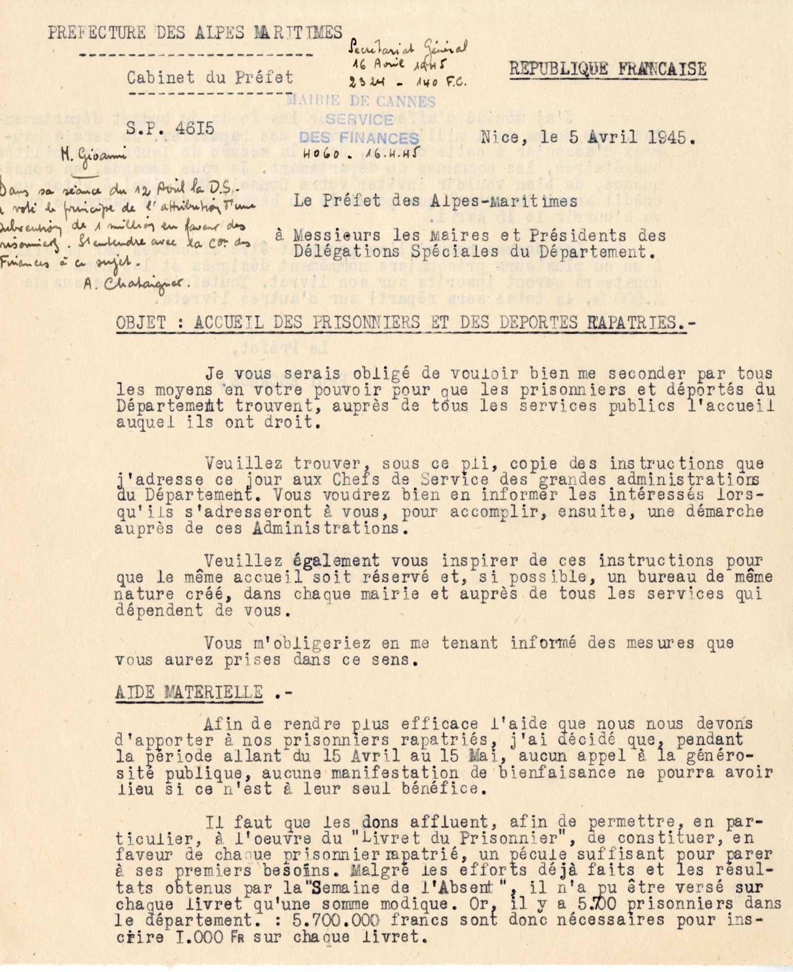 Note du préfet aux maires et présidents de délégations spéciales du département au sujet de l’accueil des prisonniers et des déportés rapatriés, 5 avril 1945. AMC, 4H85