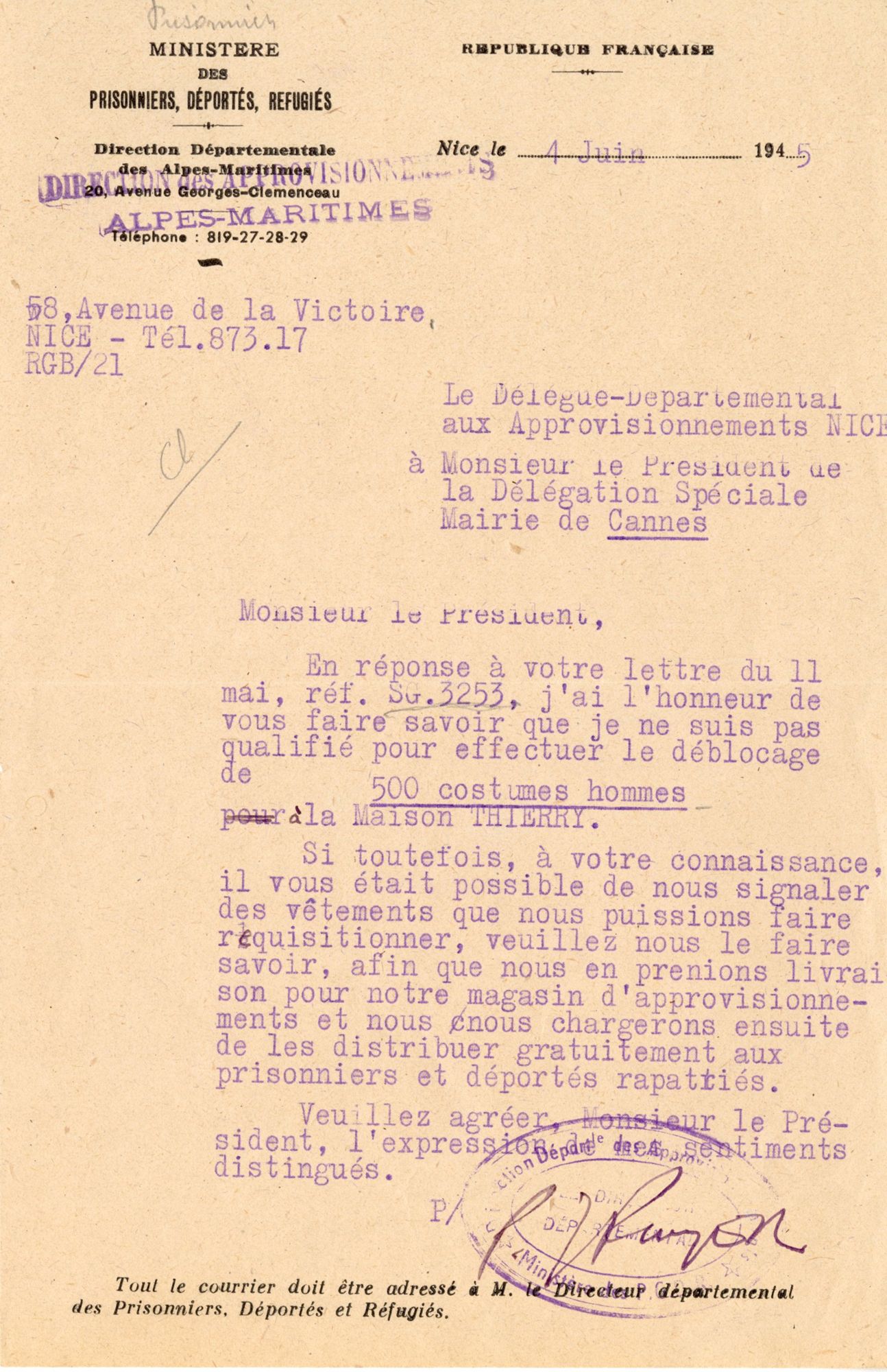 Lettre du délégué spécial aux approvisionnements au président de la délégation spéciale de Cannes, 4 juin 1945. AMC, 4H73
