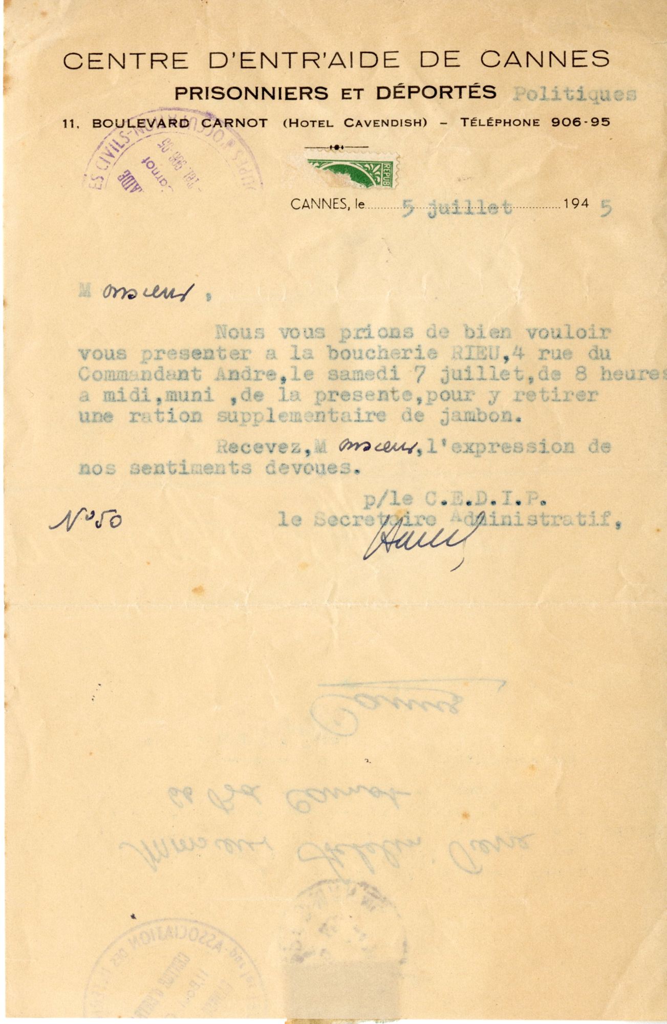 Mesure de secours prise par le centre d’entraide de Cannes en faveur d’un déporté, 5 juillet 1945. AMC, 4H85