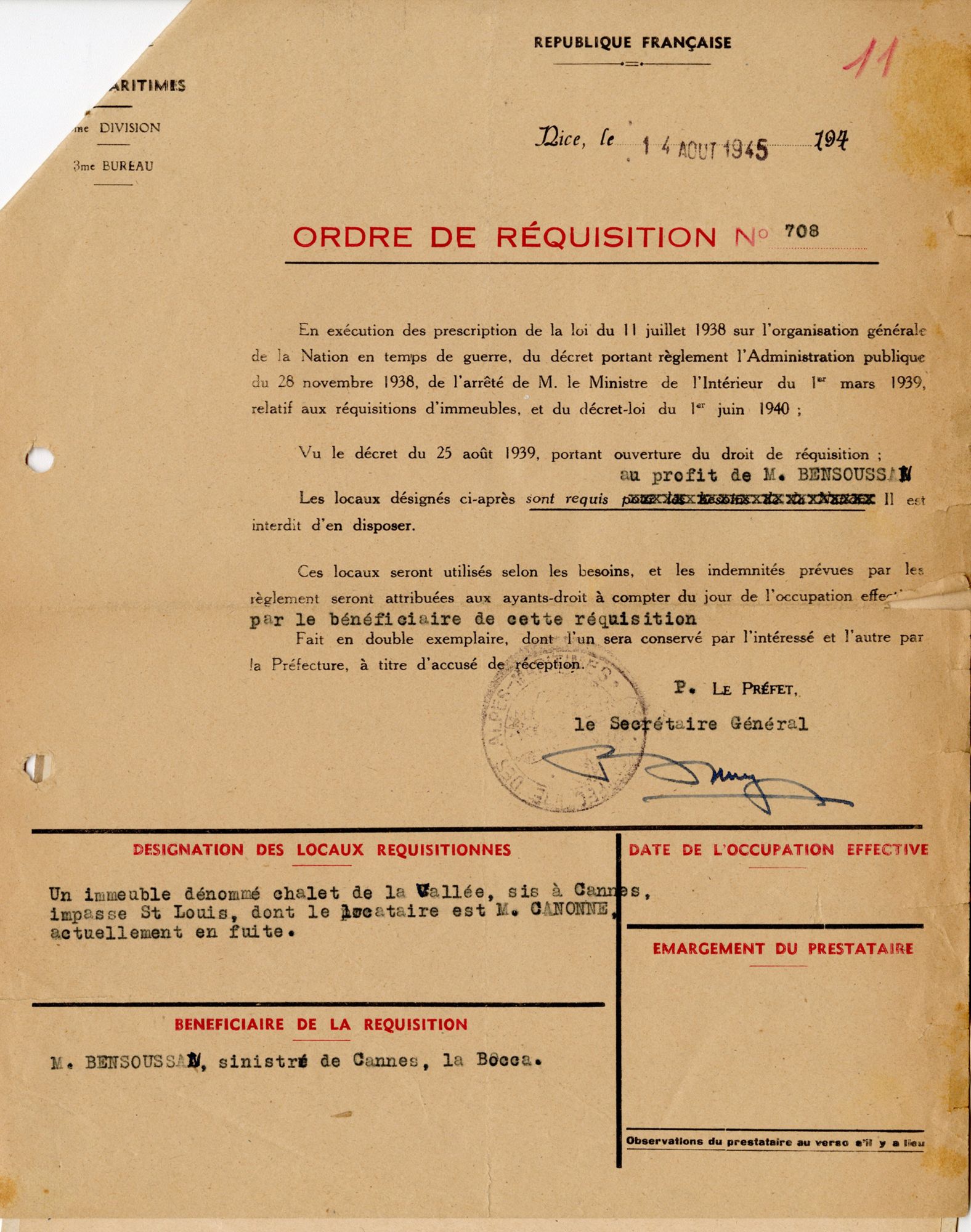 Ordre de réquisition au bénéfice d’un sinistré de La Bocca, 14 août 1945. AMC, 39W6