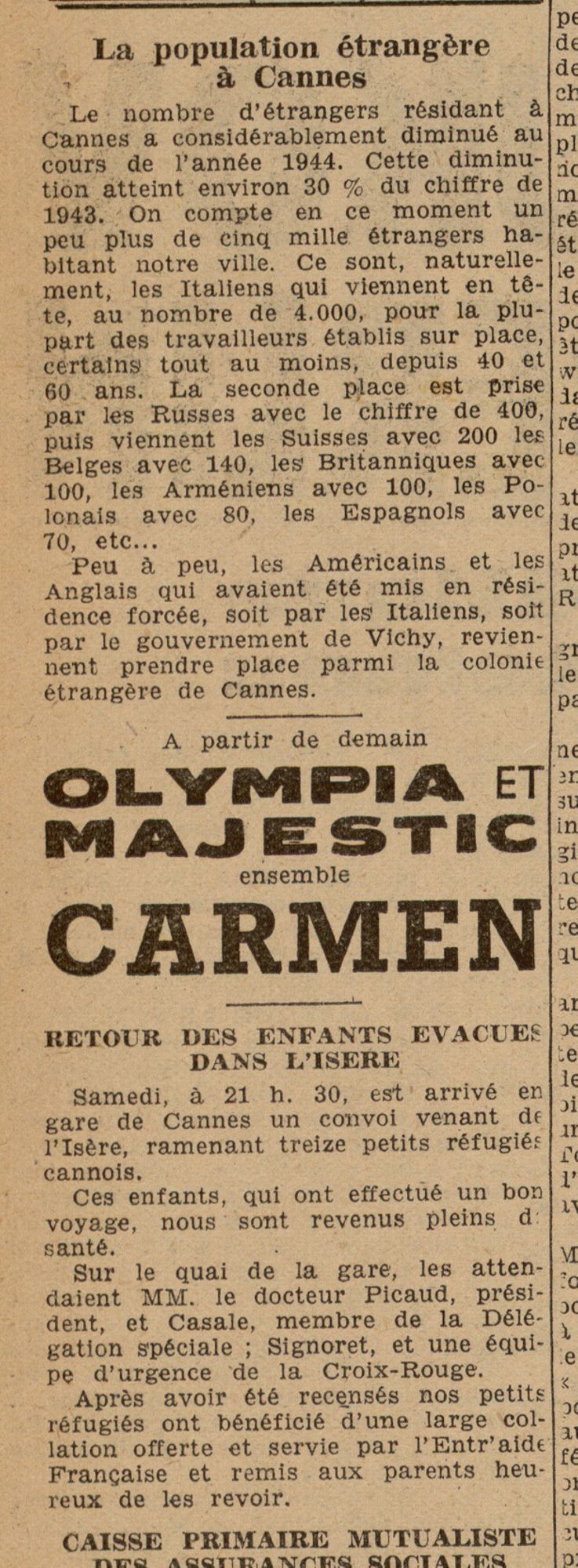 Retour des enfants évacués dans l’Isère, L’Avenir de Cannes et du sud-Est, n° 28 du 30 janvier 1945. AMC, Jx14