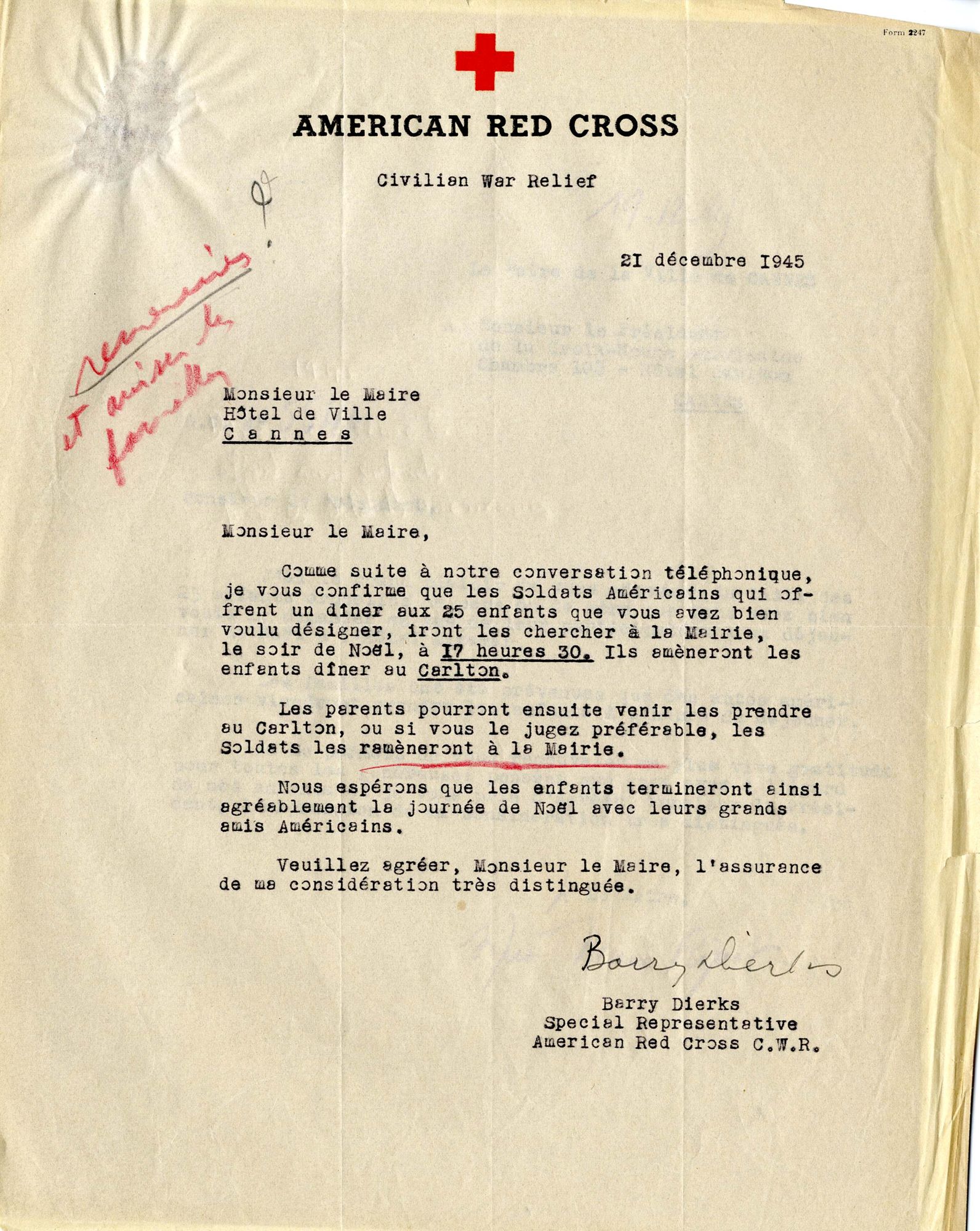 Lettre du représentant de la Croix-Rouge américaine au maire de Cannes, 21 décembre 1945. AMC, 4H60