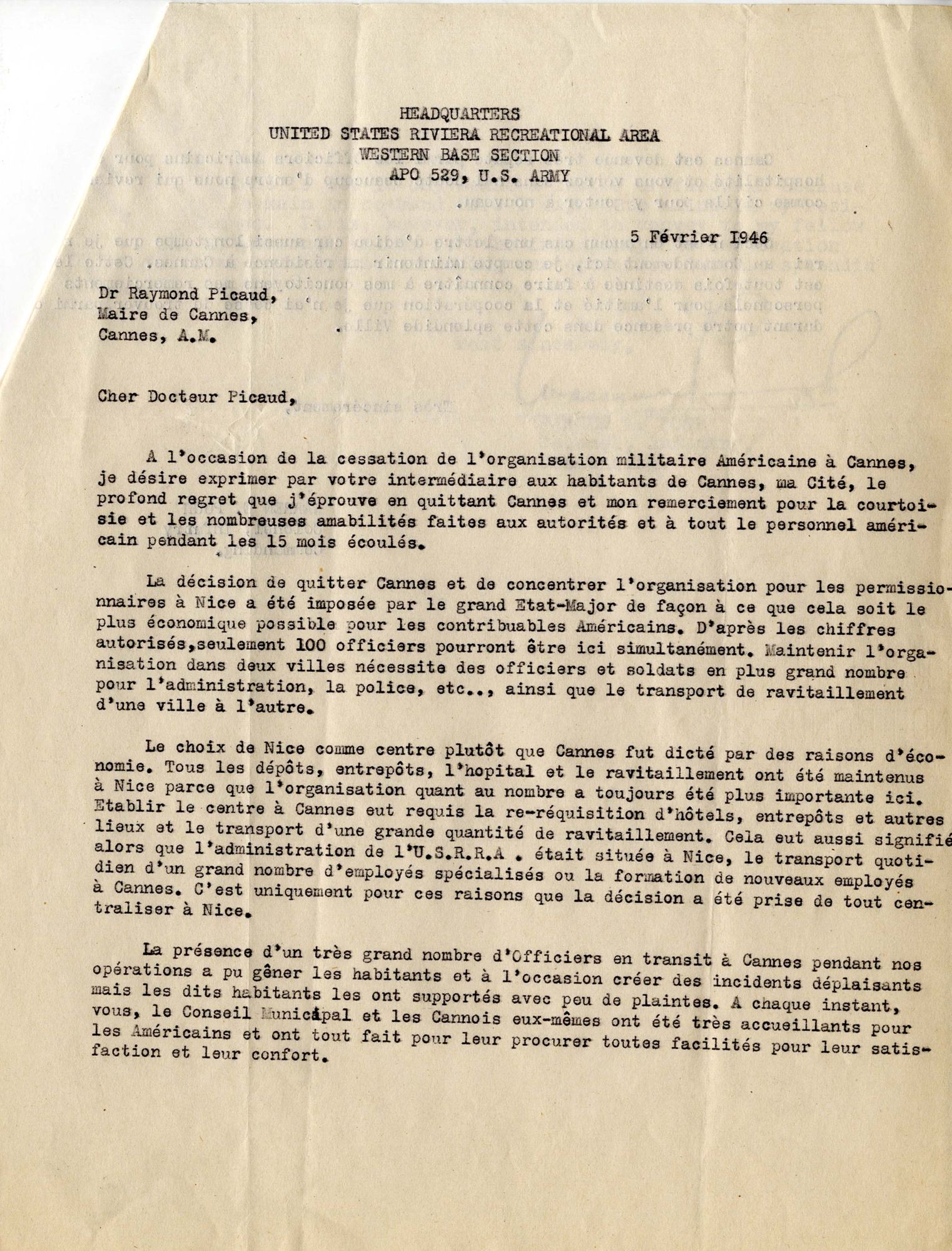 Lettre de remerciement du colonel Warren E. Pugh au maire de Cannes, 5 février 1946. AMC, 4H60