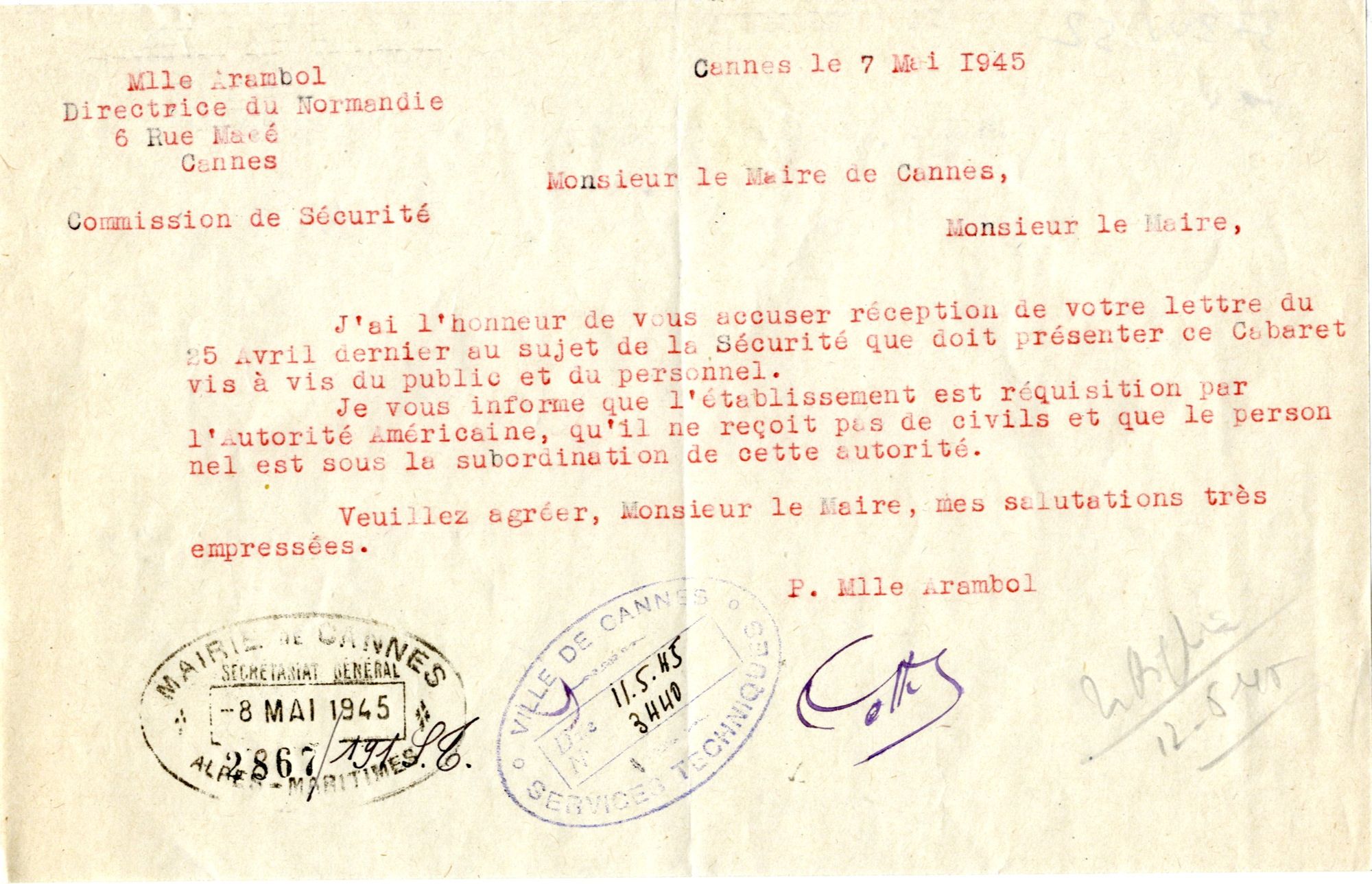 Lettre de la directrice du club Normandie au maire de Cannes, 7 mai 1945. AMC, 373W52
