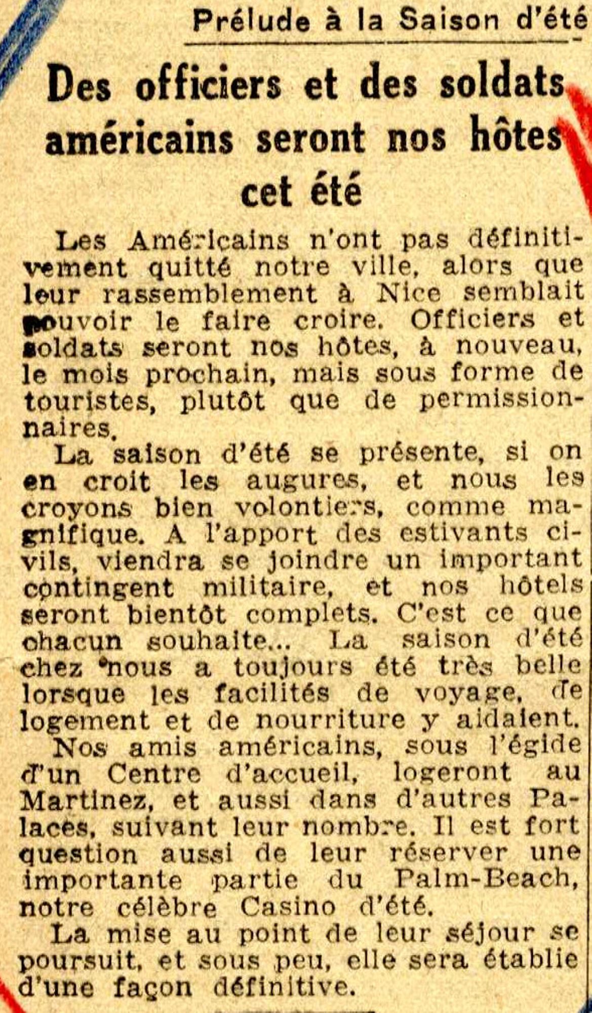 « Des officiers et des soldats américains seront nos hôtes d’été », Nice-Matin, 13 avril 1946. AMC, PER20