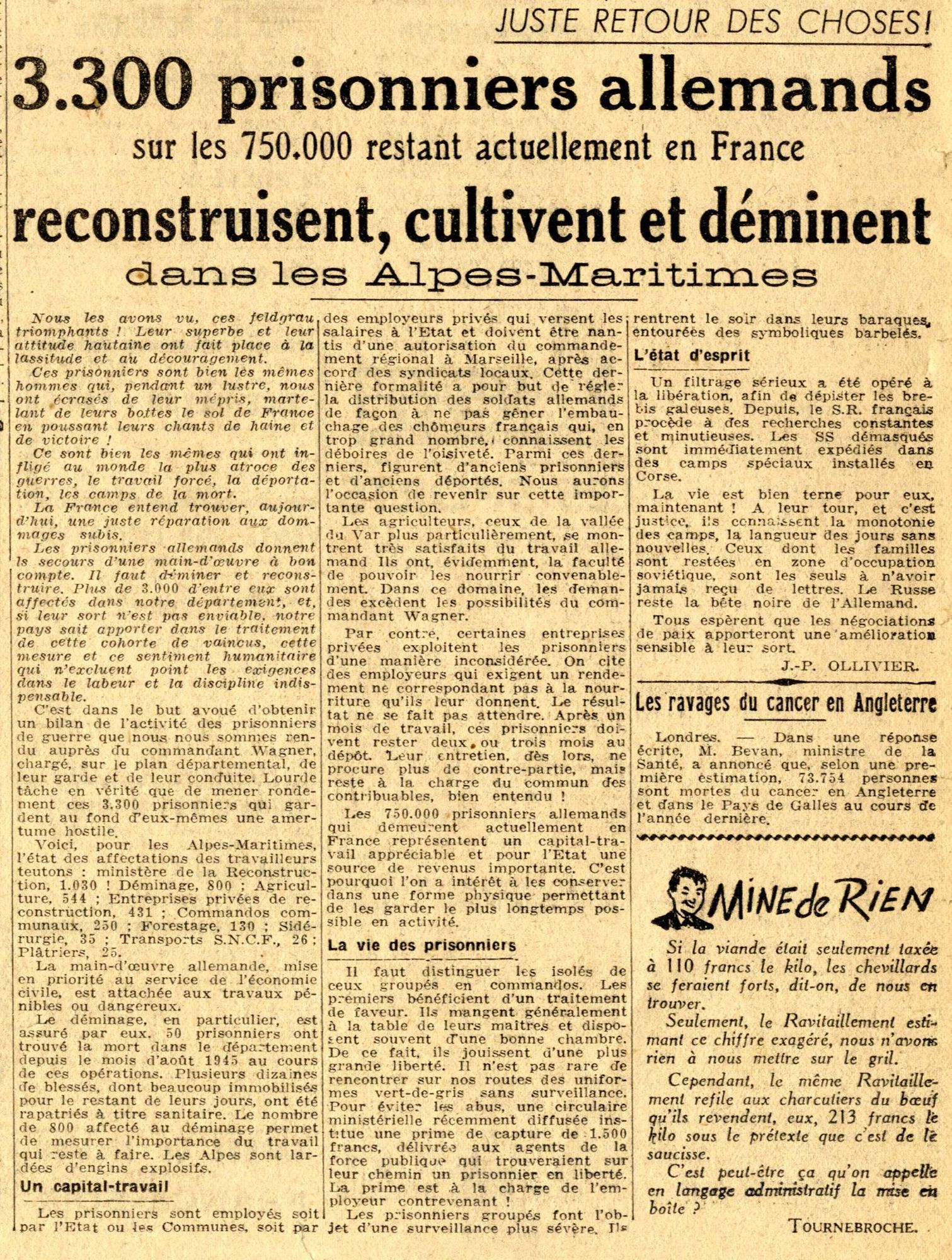 « Juste retour des choses ! », Nice-Matin, n° du 3 mai 1946. AMC, PER20