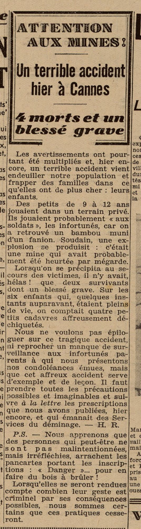 « Attention aux mines ! », L’Avenir de Cannes et du Sud-Est, n° du 12 janvier 1945. AMC, Jx14