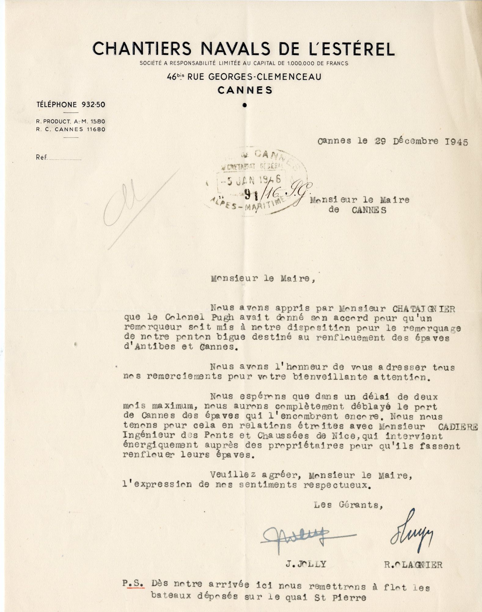 Lettre des gérants des Chantiers navals de l’Estérel au maire de Cannes, 29 décembre 1945. AMC, 4H71
