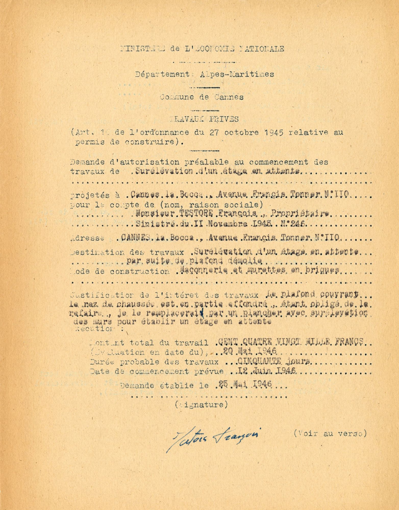 Demande d’autorisation préalable de travaux de surélévation d’un étage pour un immeuble situé 110 avenue Francis Tonner à La Bocca, propriété d’un sinistré des bombardements du 11 novembre 1943, 25 mai 1946. AMC, 47W26