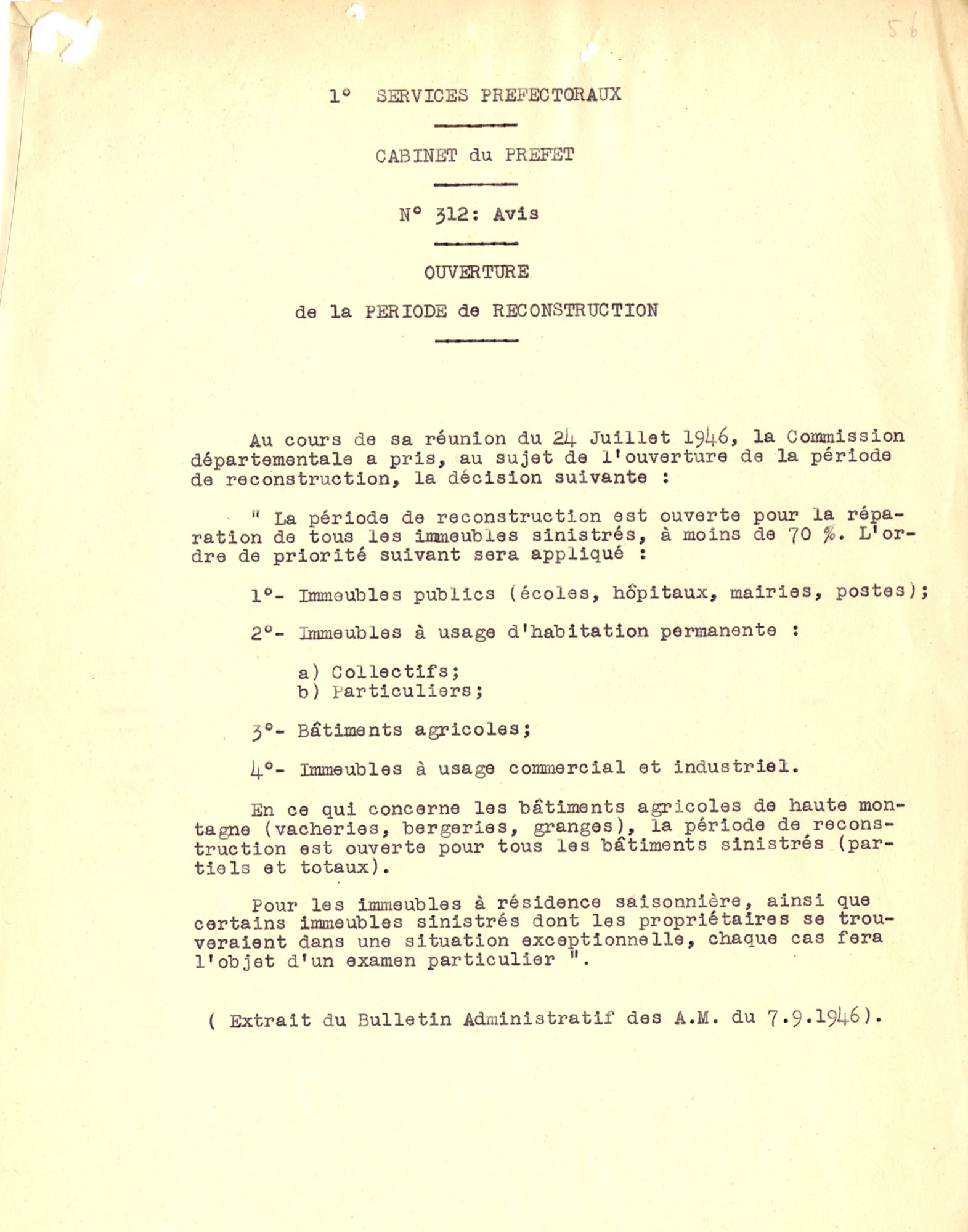 Ouverture de la période de reconstruction, extrait du bulletin administratif des Alpes-Maritimes du 7 septembre 1946. AMC, 98W1