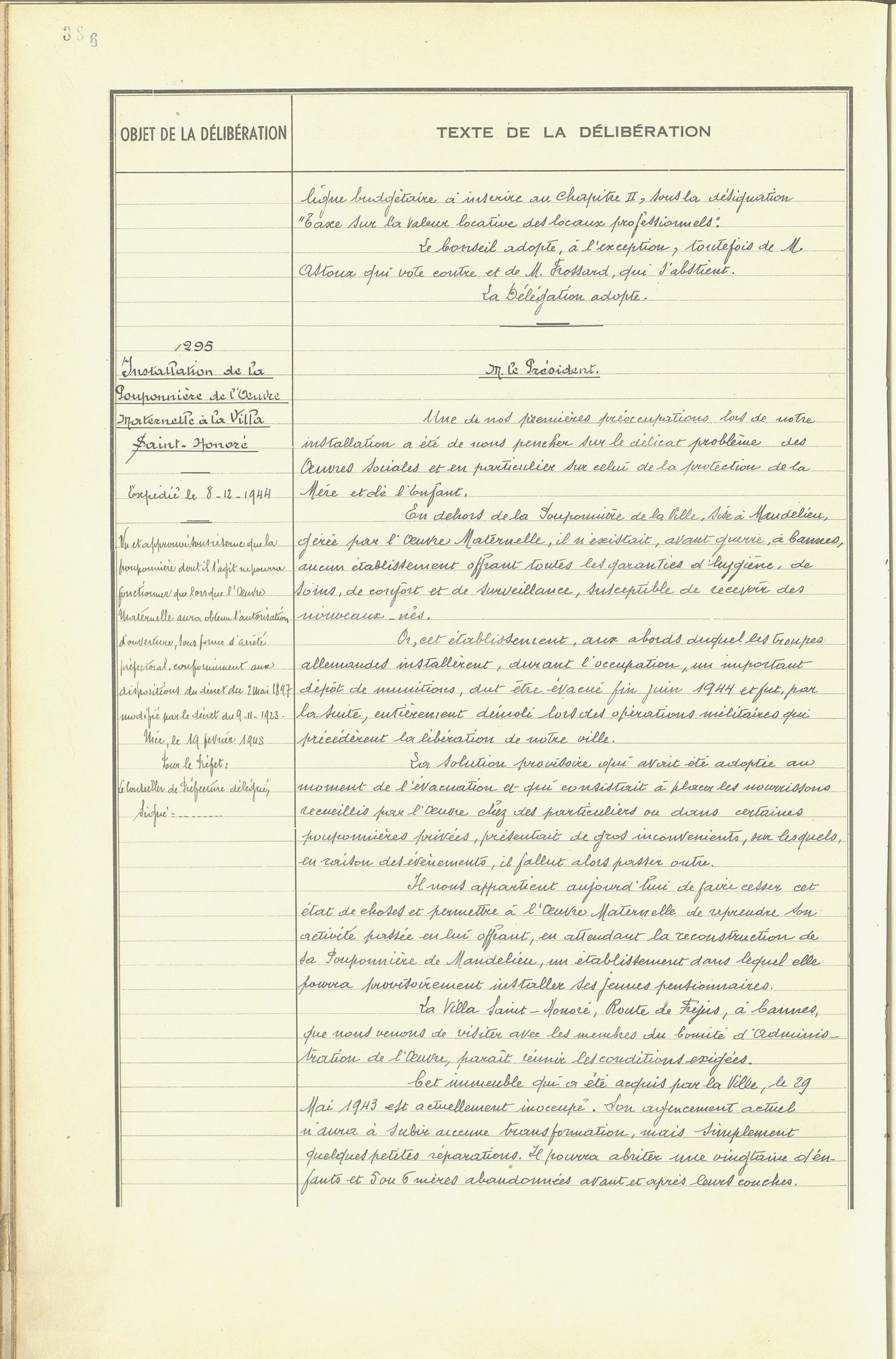 Installation de la Pouponnière de l’Œuvre maternelle à la villa Saint-Honoré, séance du conseil municipal du 29 novembre 1944. AMC, 1D66