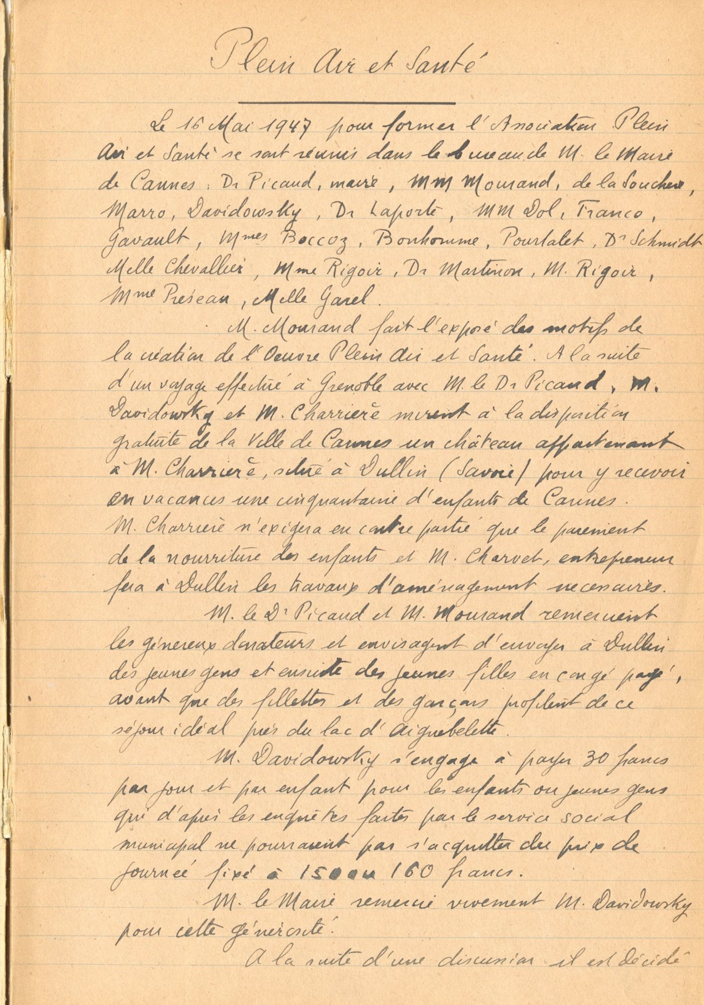 Procès-verbal de l’assemblée générale d’installation de l’association Plein air et santé, 16 mai 1947. AMC, 50W55