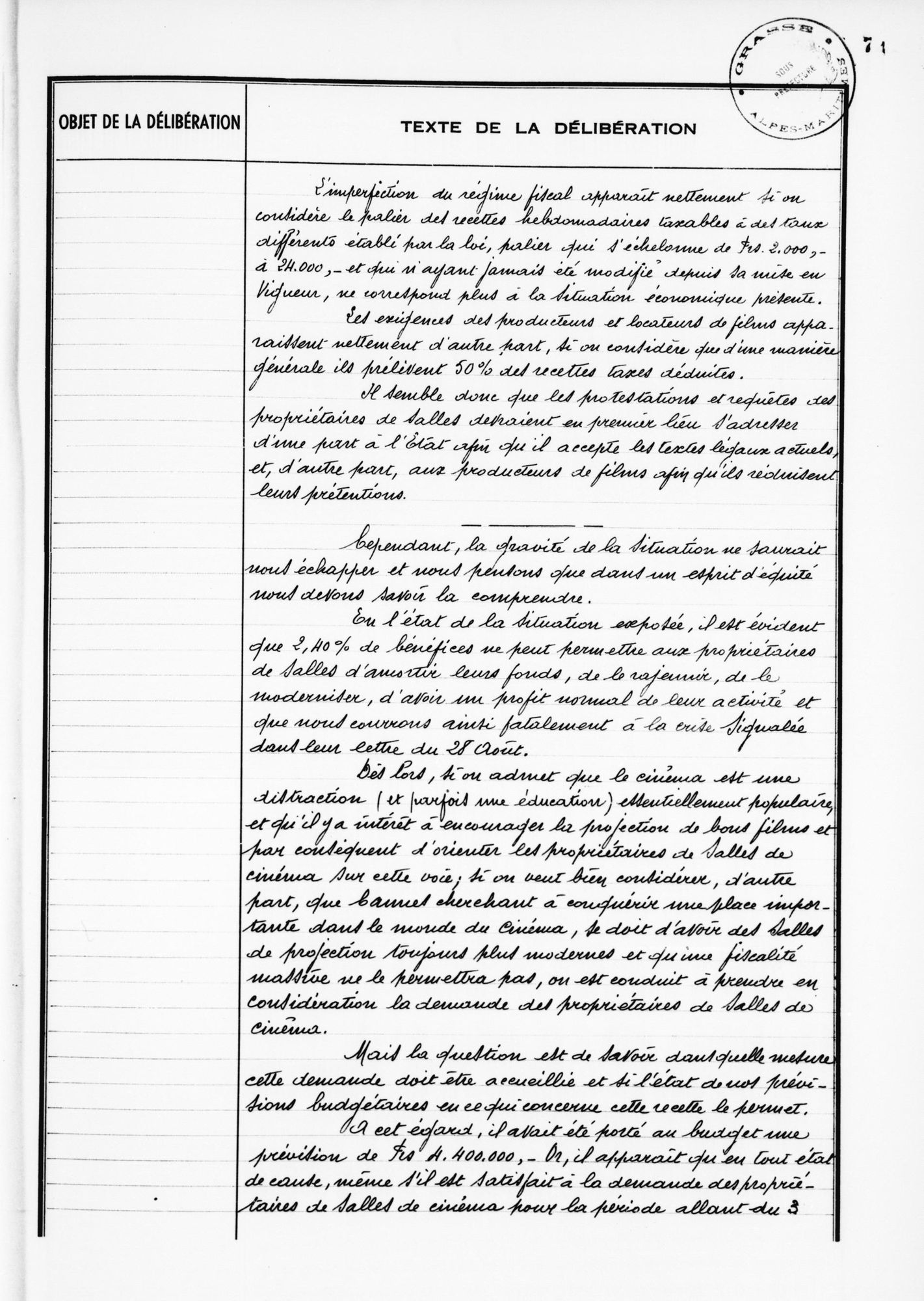 Impôt sur les spectacles, révision du tarif pour 1945, séance extraordinaire du conseil municipal du 15 octobre 1945. AMC, 90W1