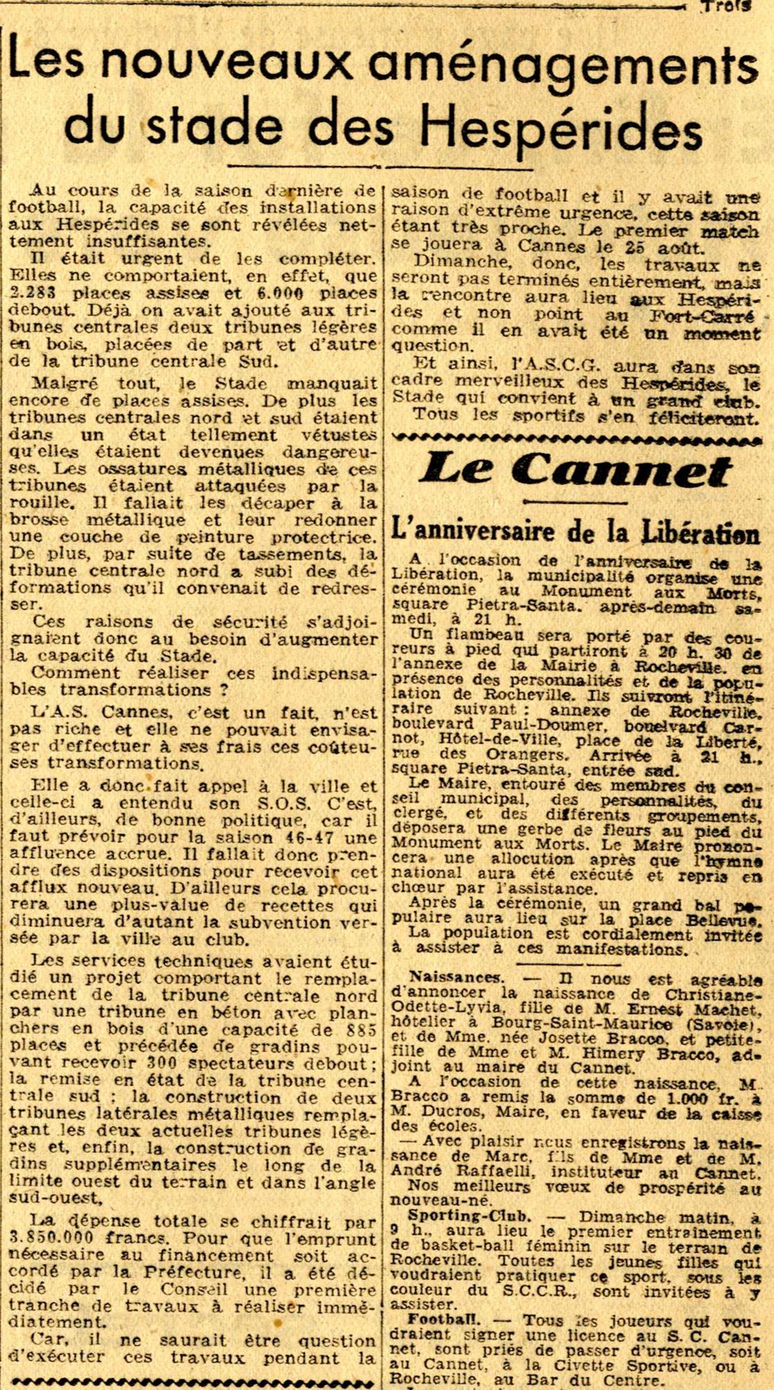 « Les nouveaux aménagements du stade des Hespérides », Nice-Matin, n° du 22 août 1946. AMC, PER20