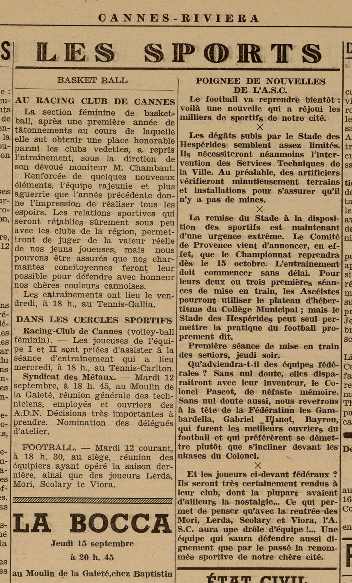 « Poignée de nouvelles de l’ASC », Cannes-Riviera, n° du 12 septembre 1944. AMC, Jx108