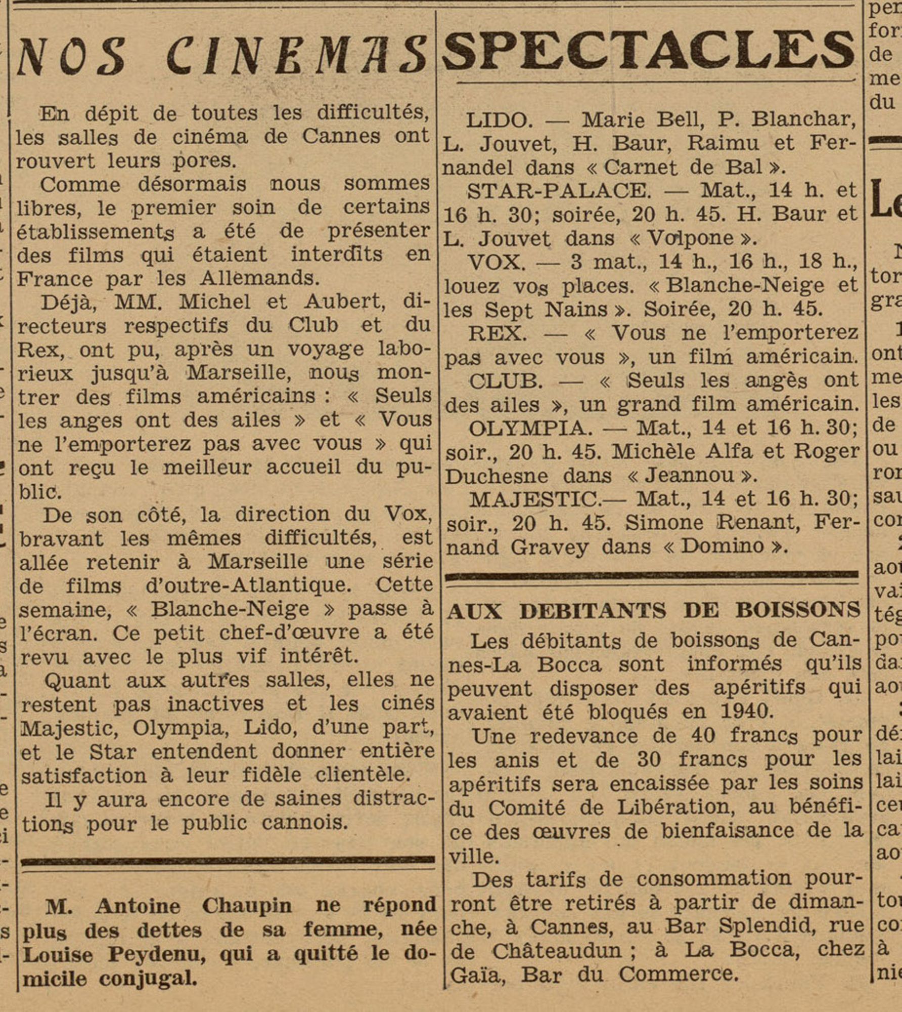 « Nos cinémas », Cannes-Riviera, n° du 10 septembre 1944. AMC, Jx108