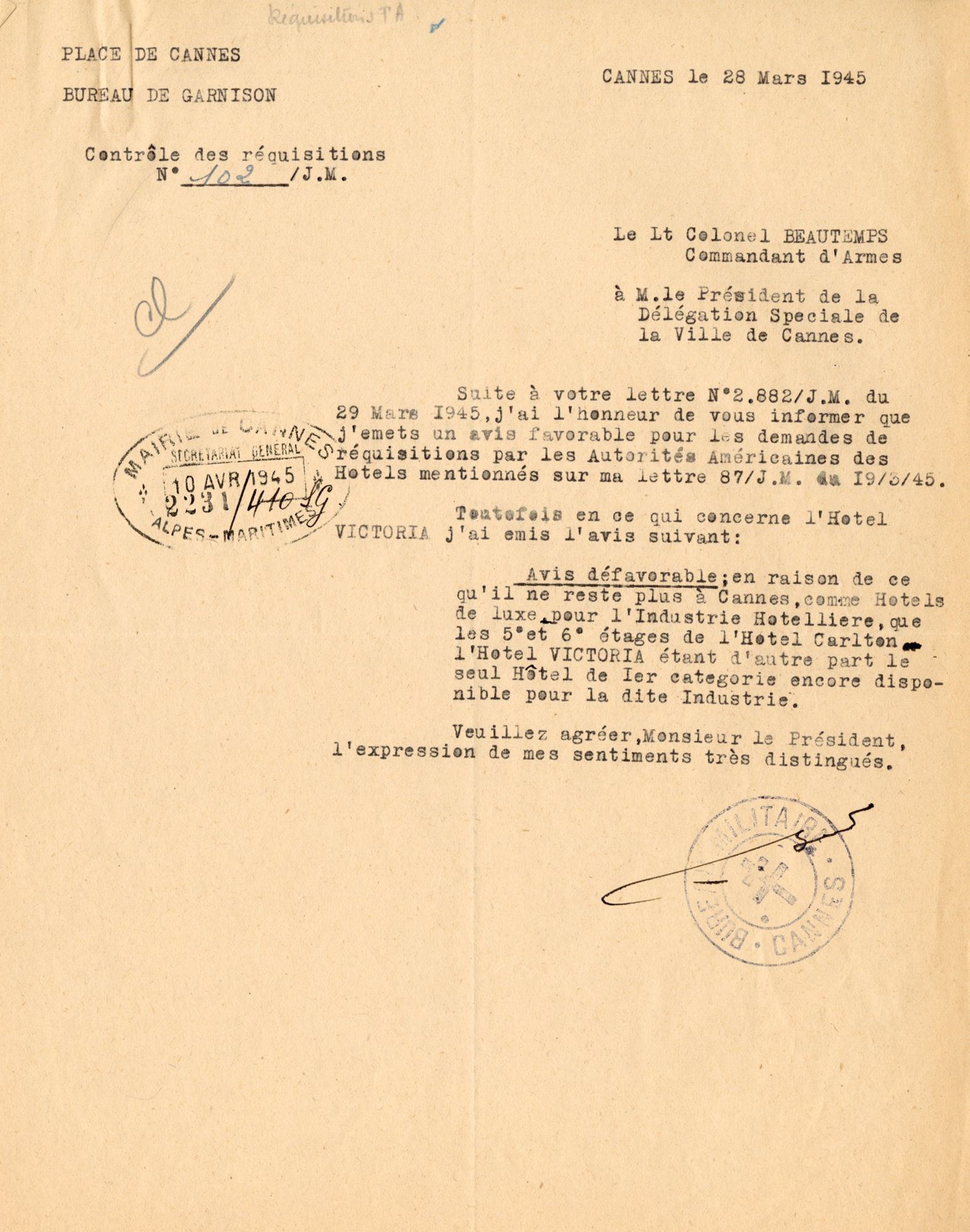 Lettre du colonel Beautemps, commandant la garnison de Cannes au président de la délégation spéciale, 28 mars 1945. AMC, 4H59