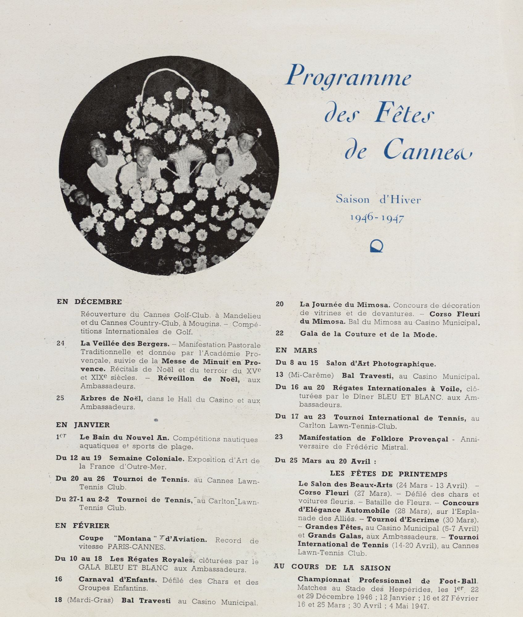 Programme des fêtes de Cannes, saison d’hiver 1946-1947. AMC, 111Num1