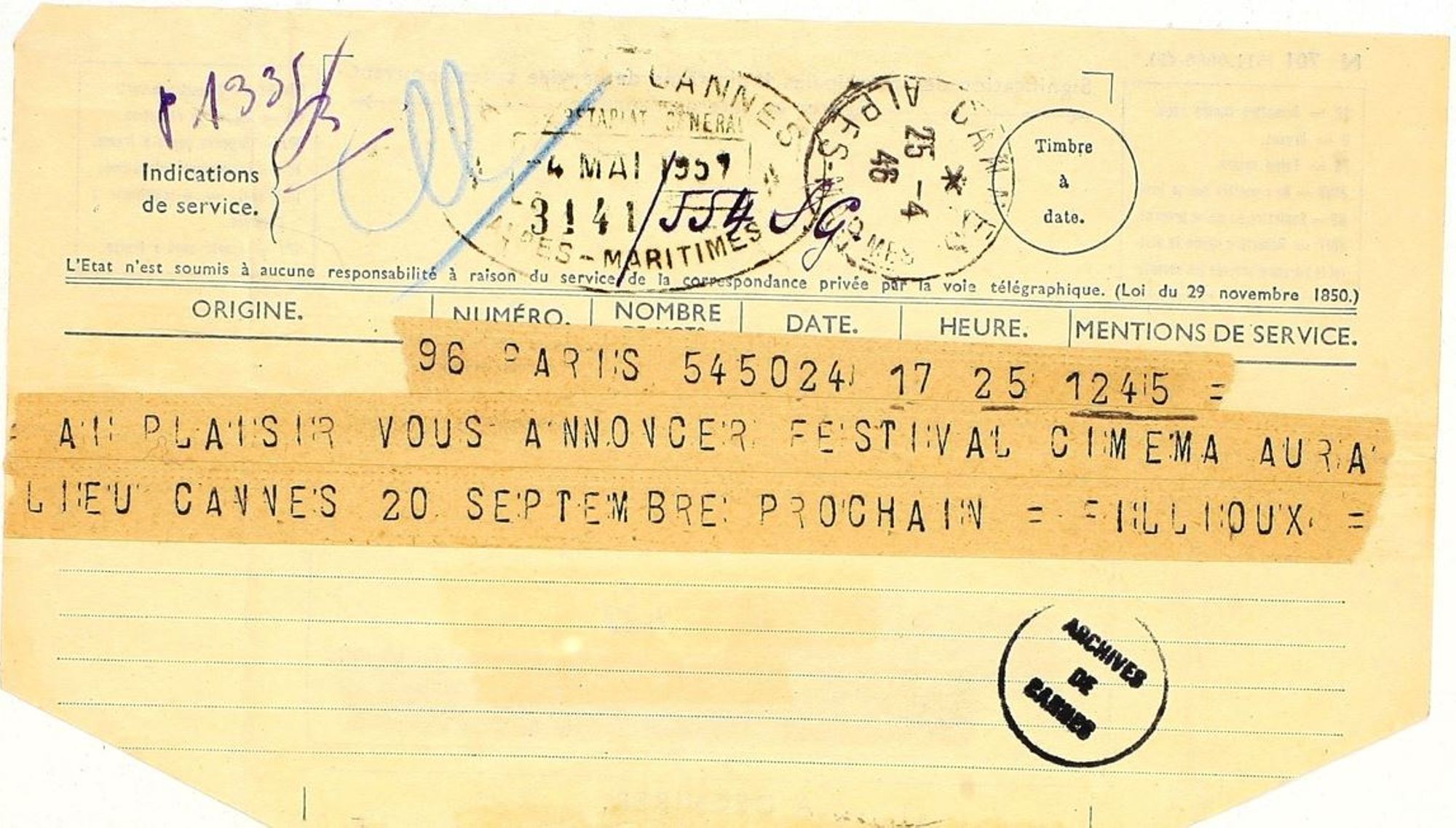 Télégramme annonçant la date d’ouverture du festival, 25 avril 1946. AMC, 93W8